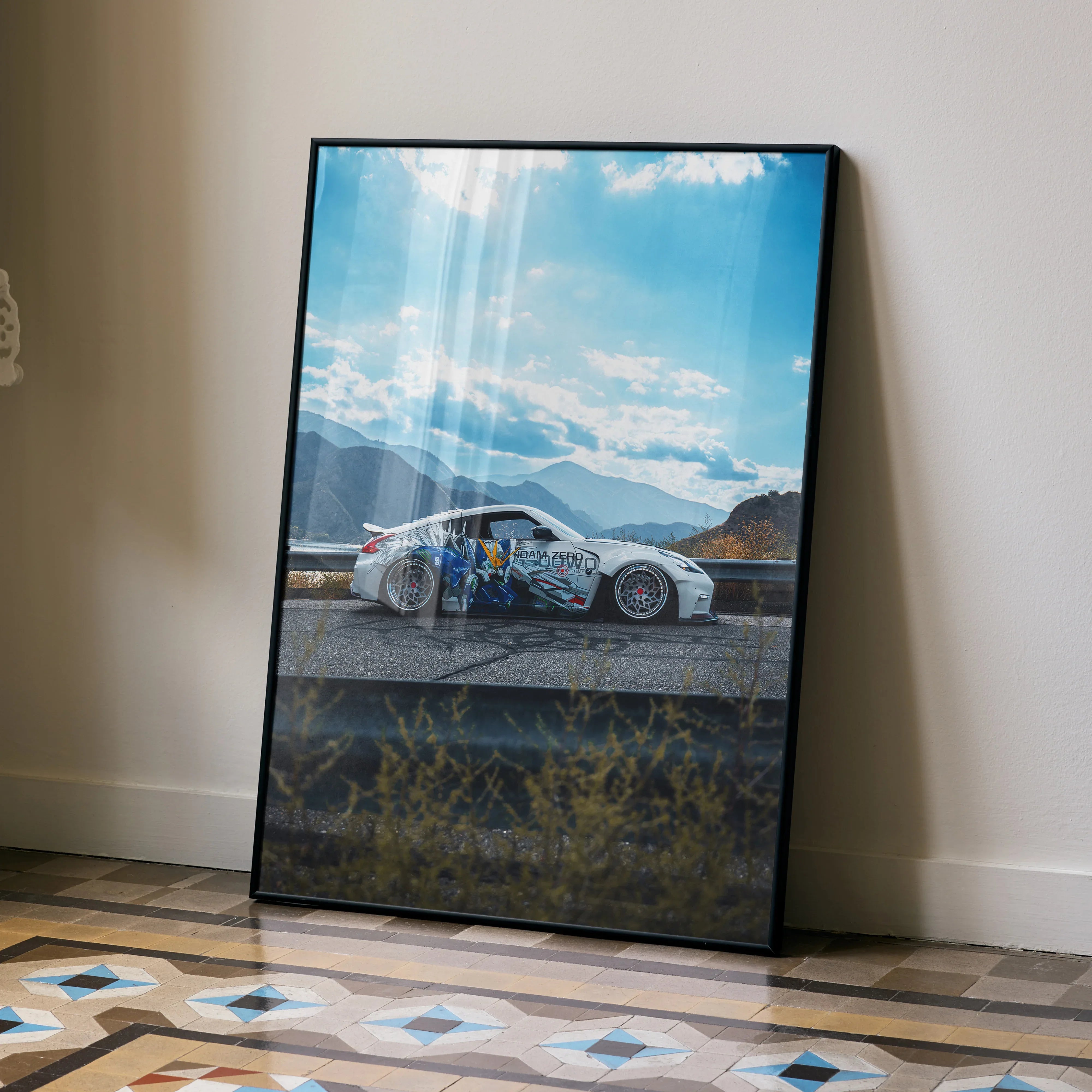 Nissan 370z widebody racing car on mountain road poster wall art with blue sky background.