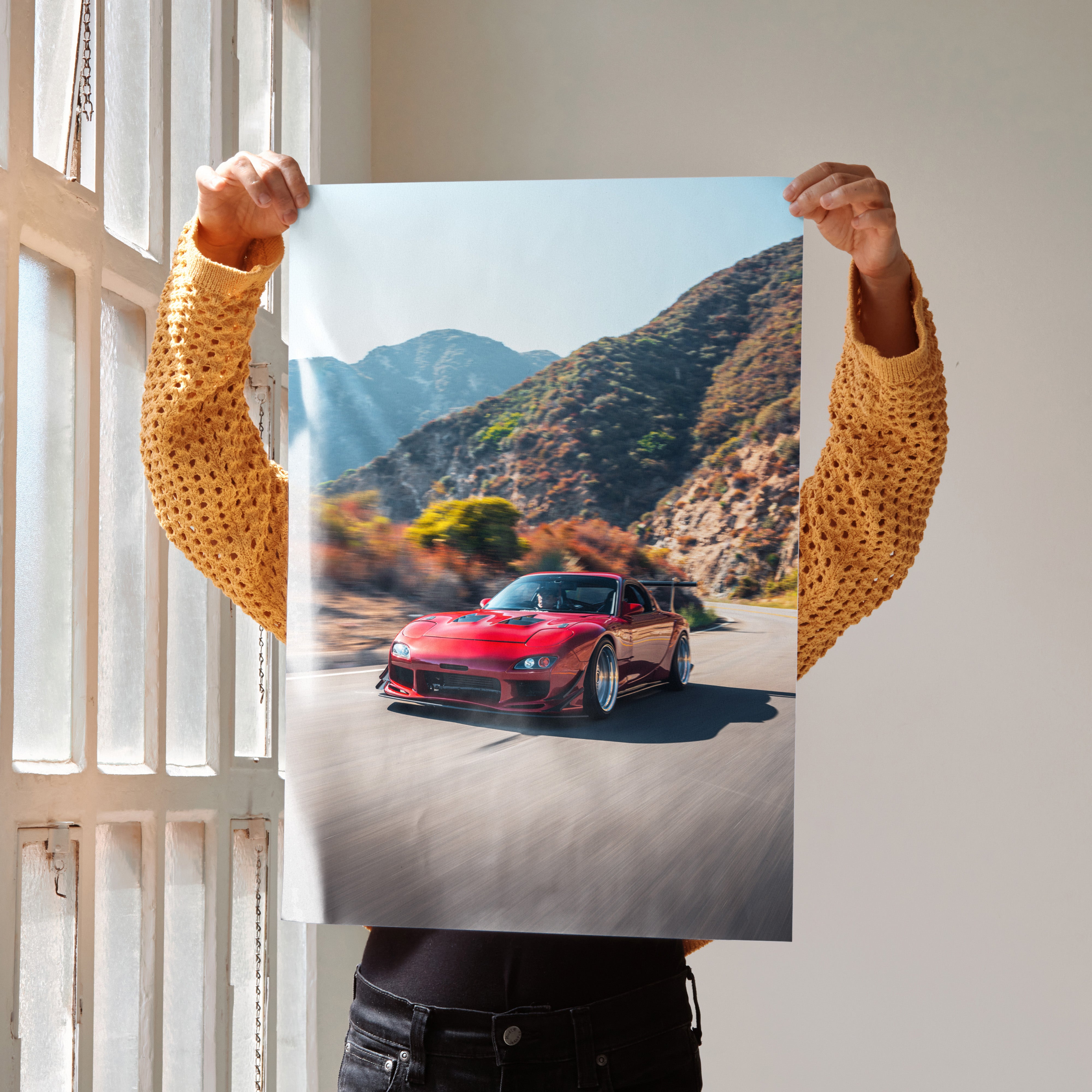 Red Mazda FD RX7 speeding on mountain road high resolution poster wall art.