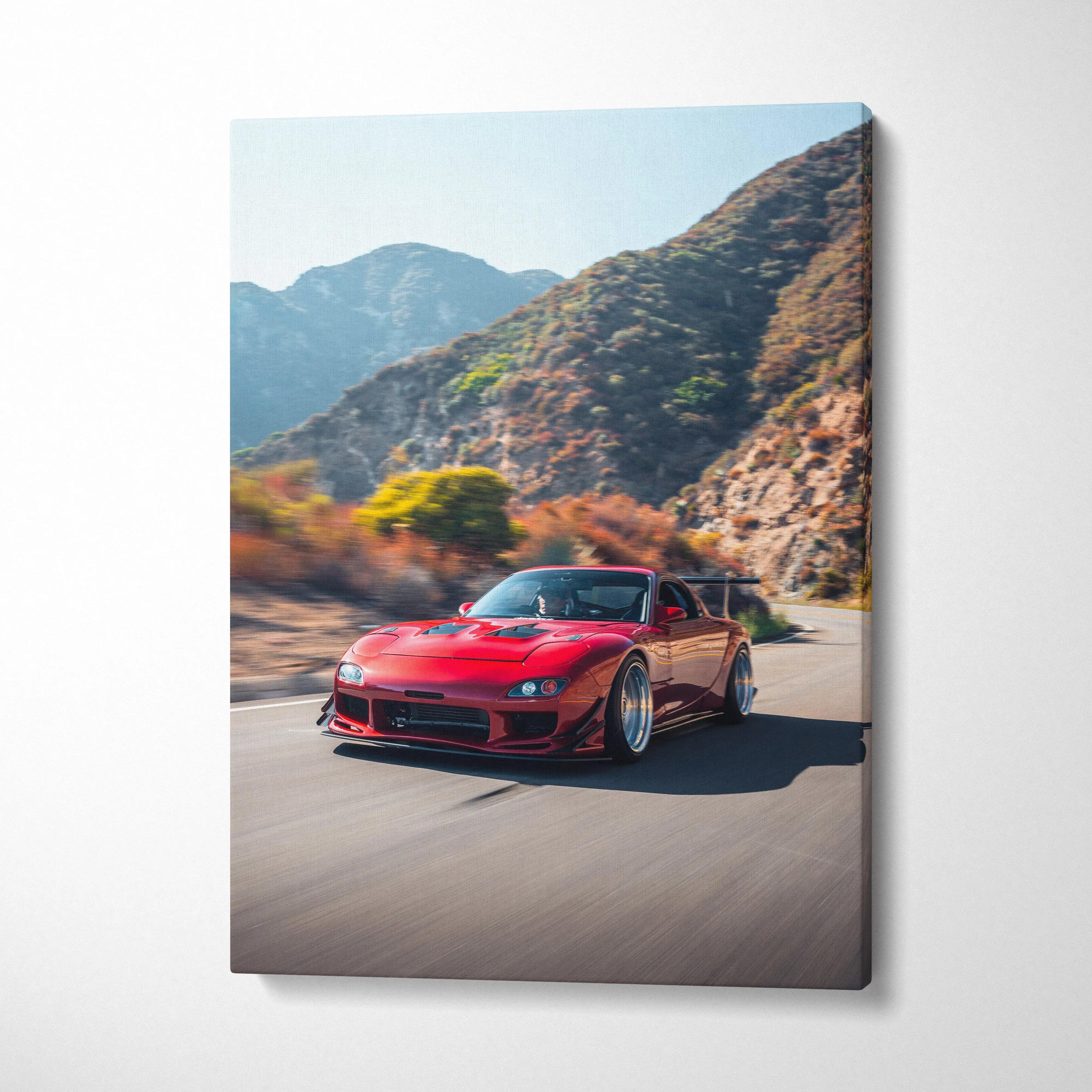 Red Mazda FD RX7 driving on mountain road canvas wall art, vertical canvas art print.