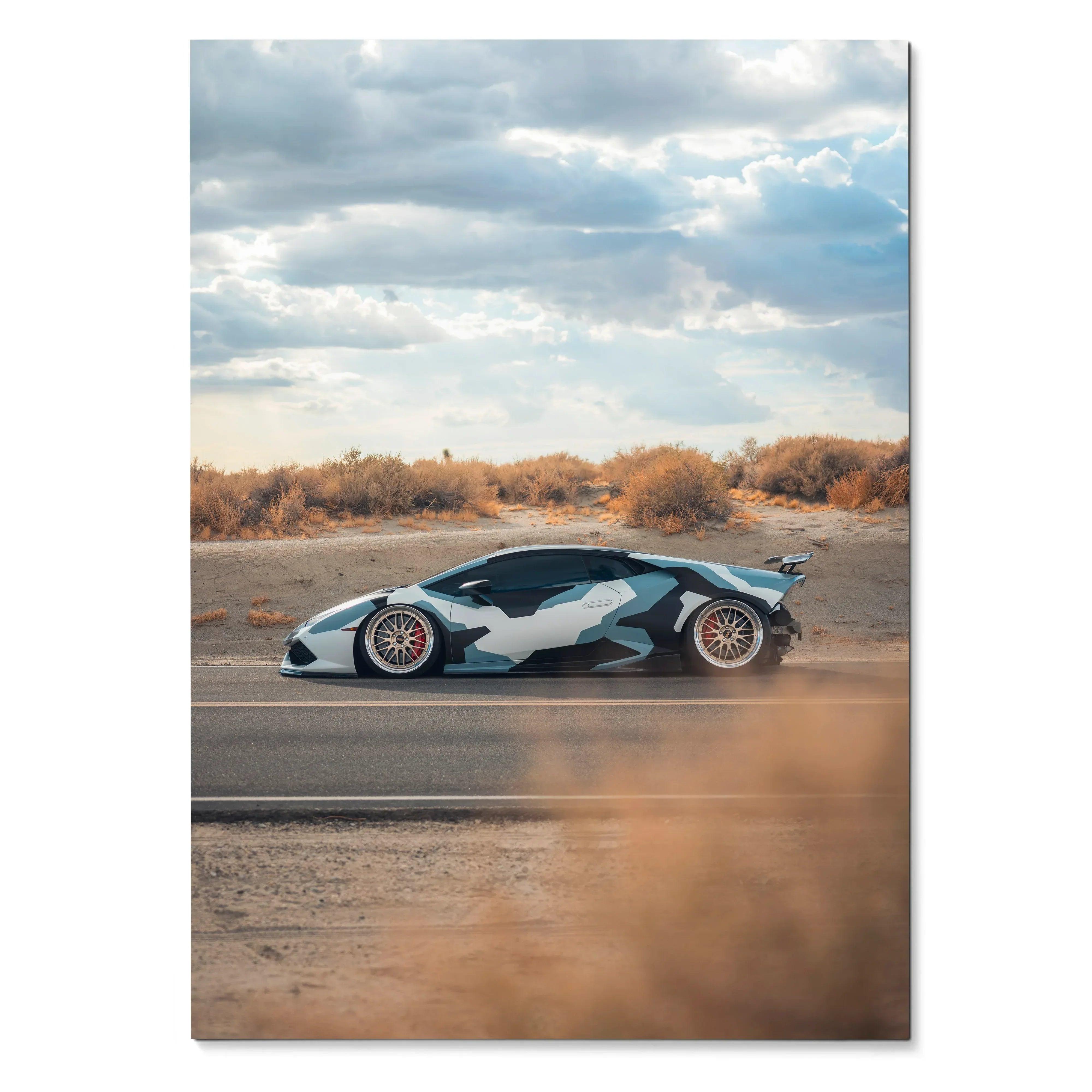 Lamborghini Huracan poster showing side view on desert road under cloudy sky wall art.