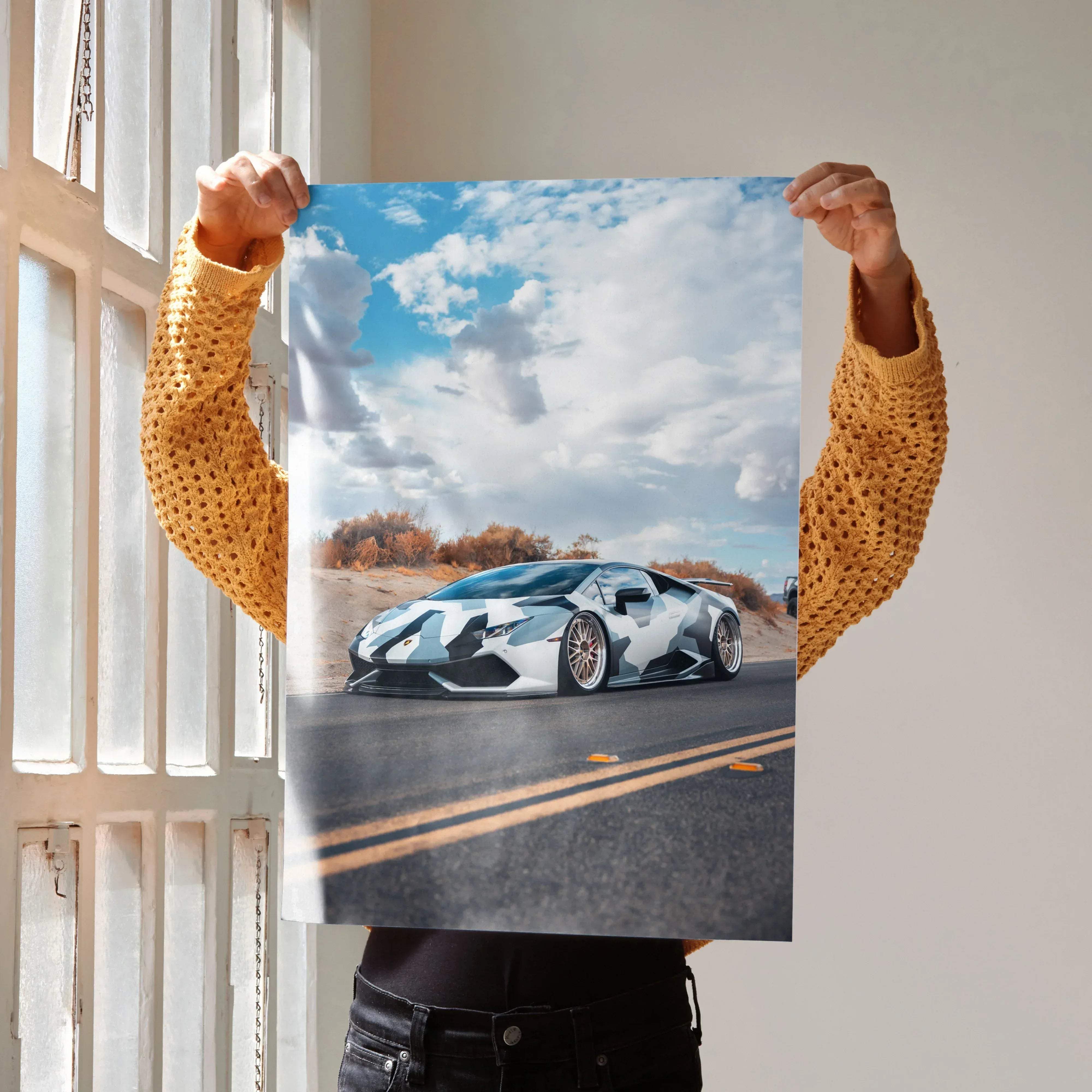 Lamborghini Huracan high resolution car poster featuring a white and gray camouflage sports car design