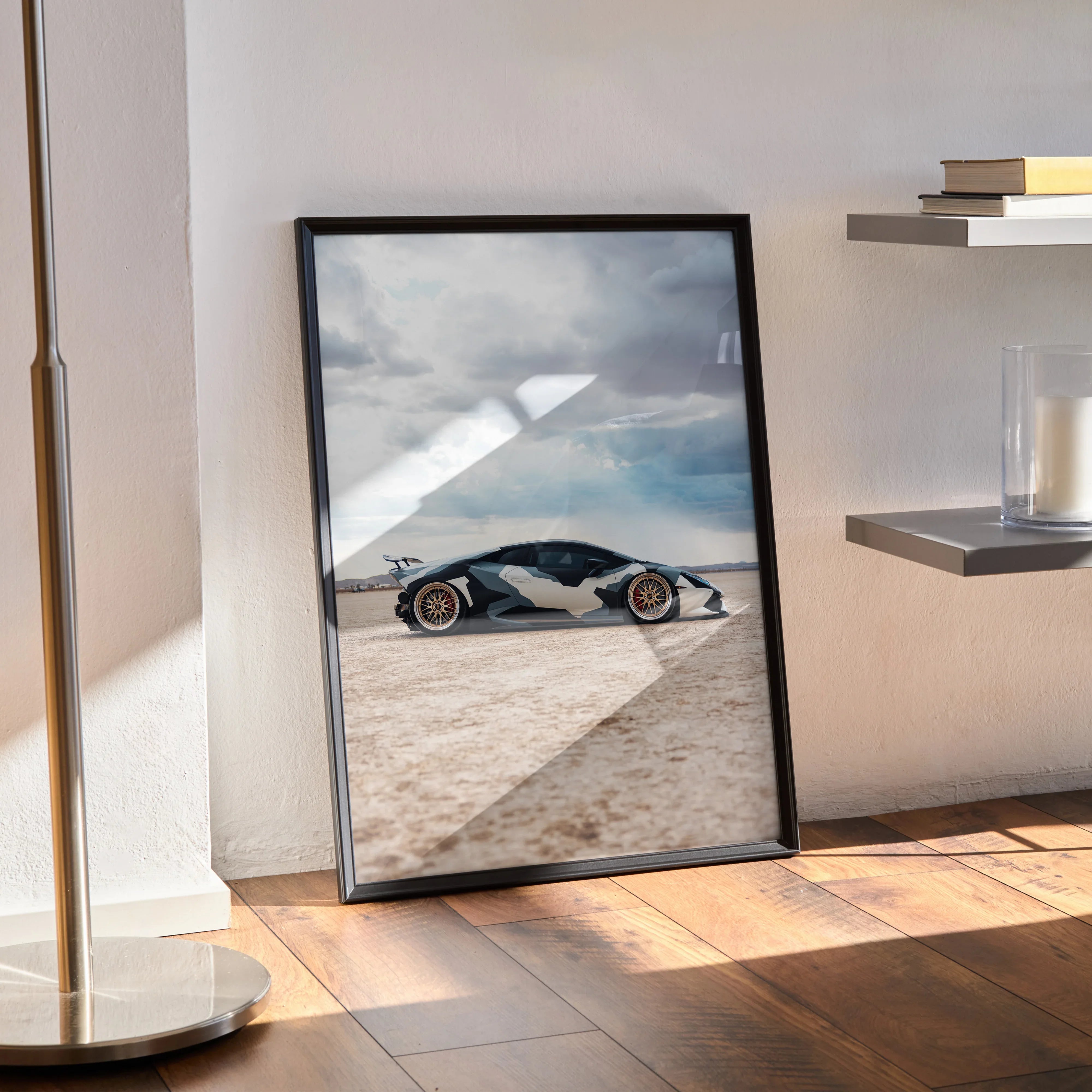 Lamborghini Huracan poster with black frame, displayed as modern wall art on wooden floor against white wall.