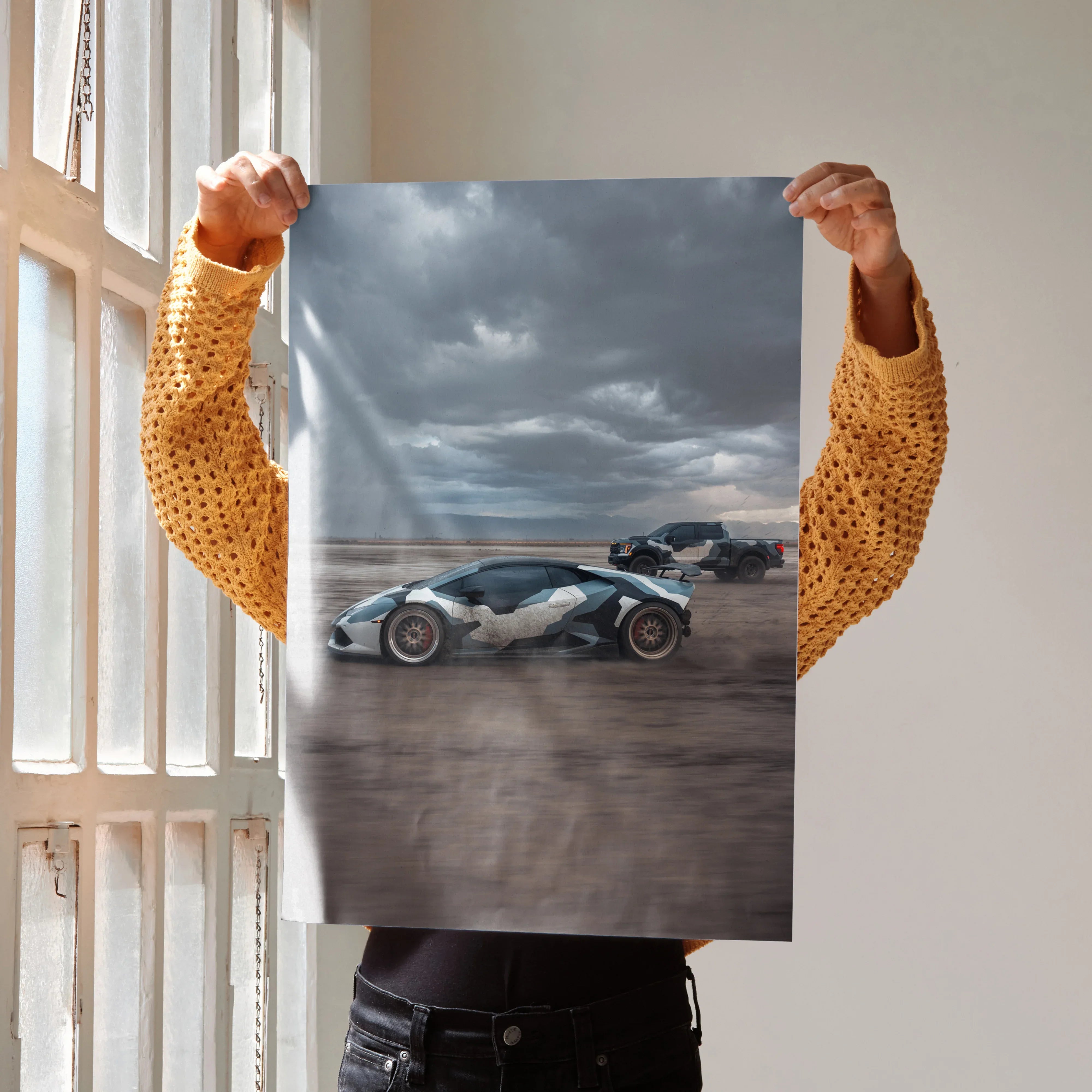Lamborghini Huracan poster wall art with sleek sports car under moody sky.