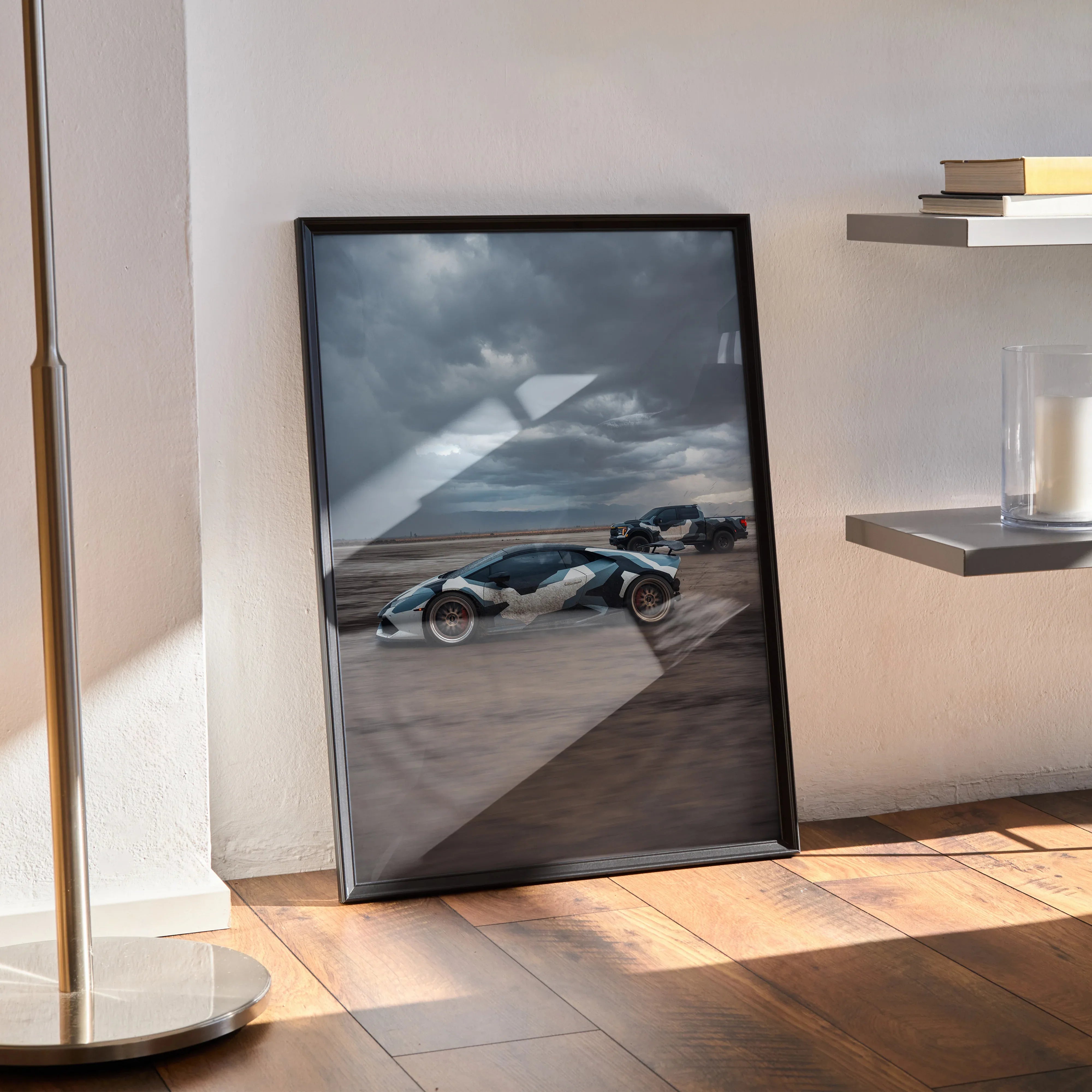 Lamborghini Huracan poster wall art with dramatic shadow and modern black frame on wooden floor.