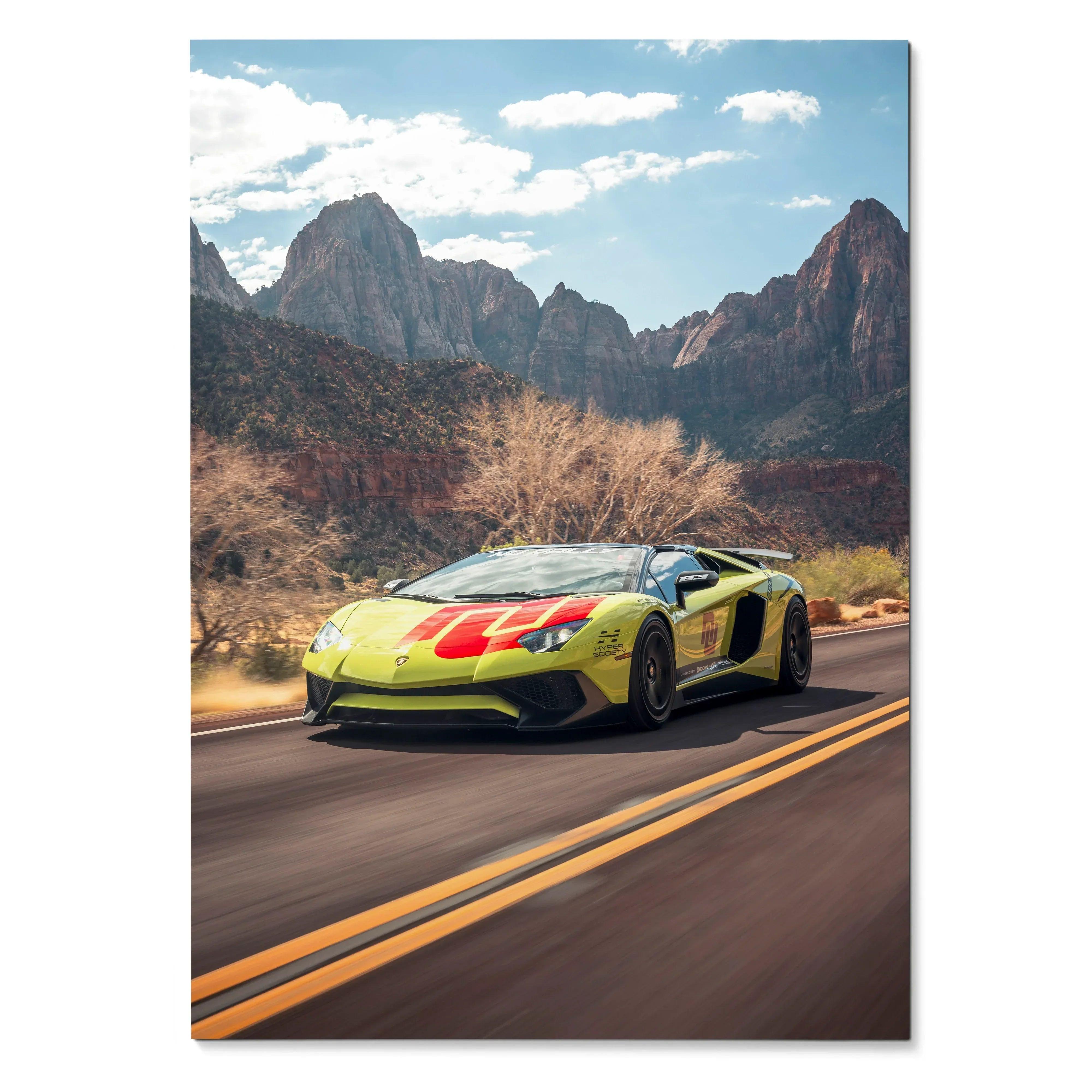 Lamborghini Aventador SVJ in bright yellow with red accents driving on desert road poster wall art.