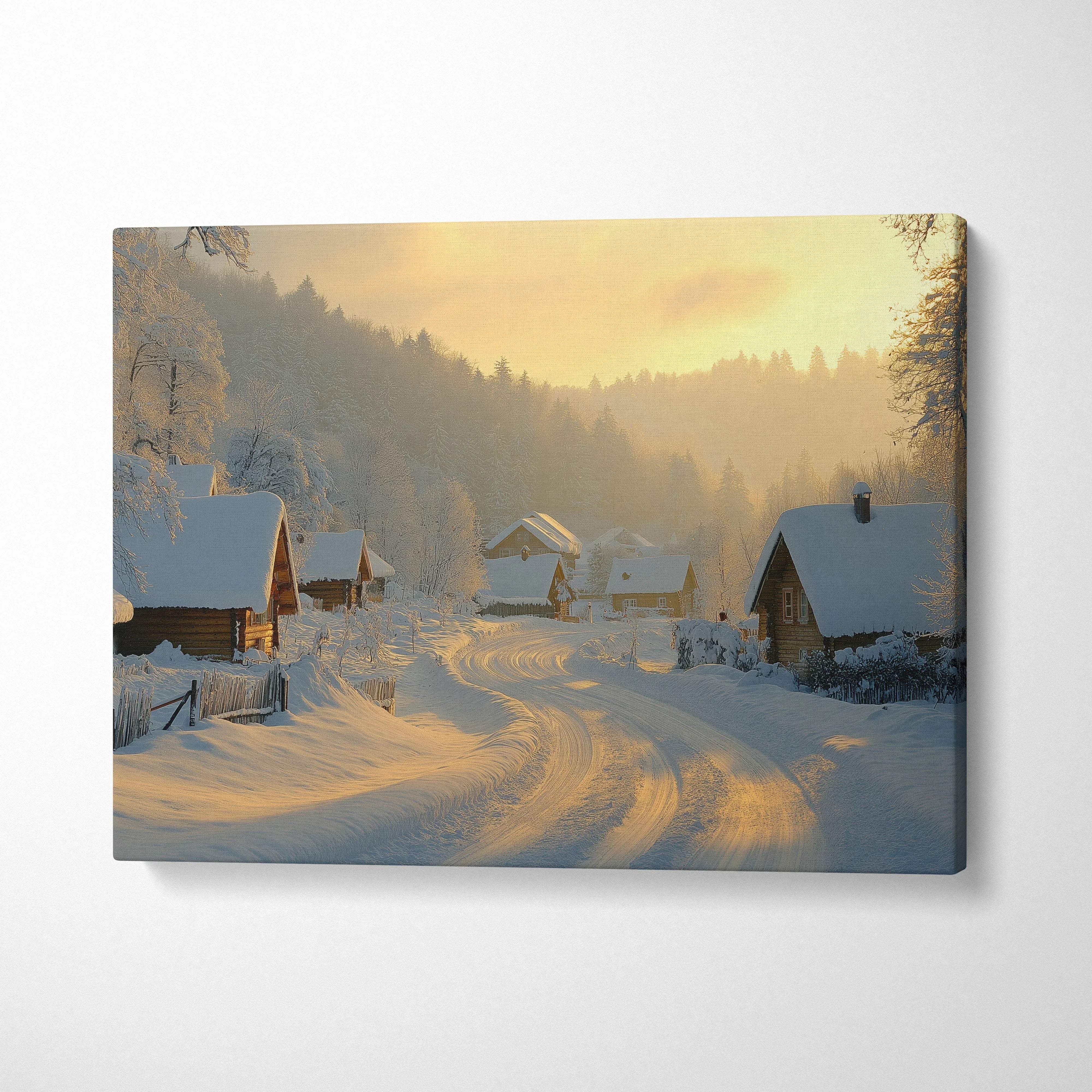 Snowy winter village scene canvas wall art with soft golden light and snowy cabins decor.
