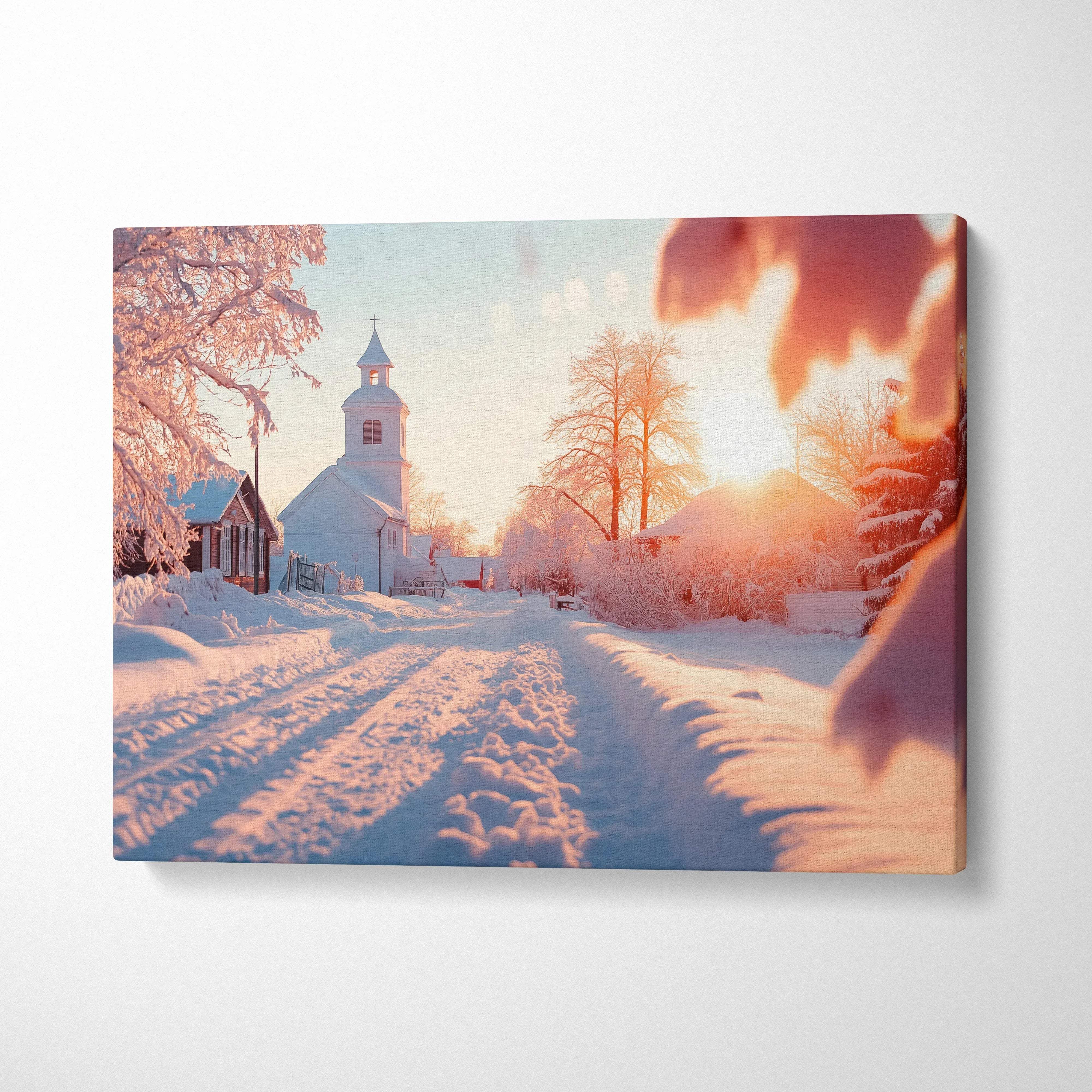Winter snowy sunset church canvas wall art with soft pink and orange light decor.