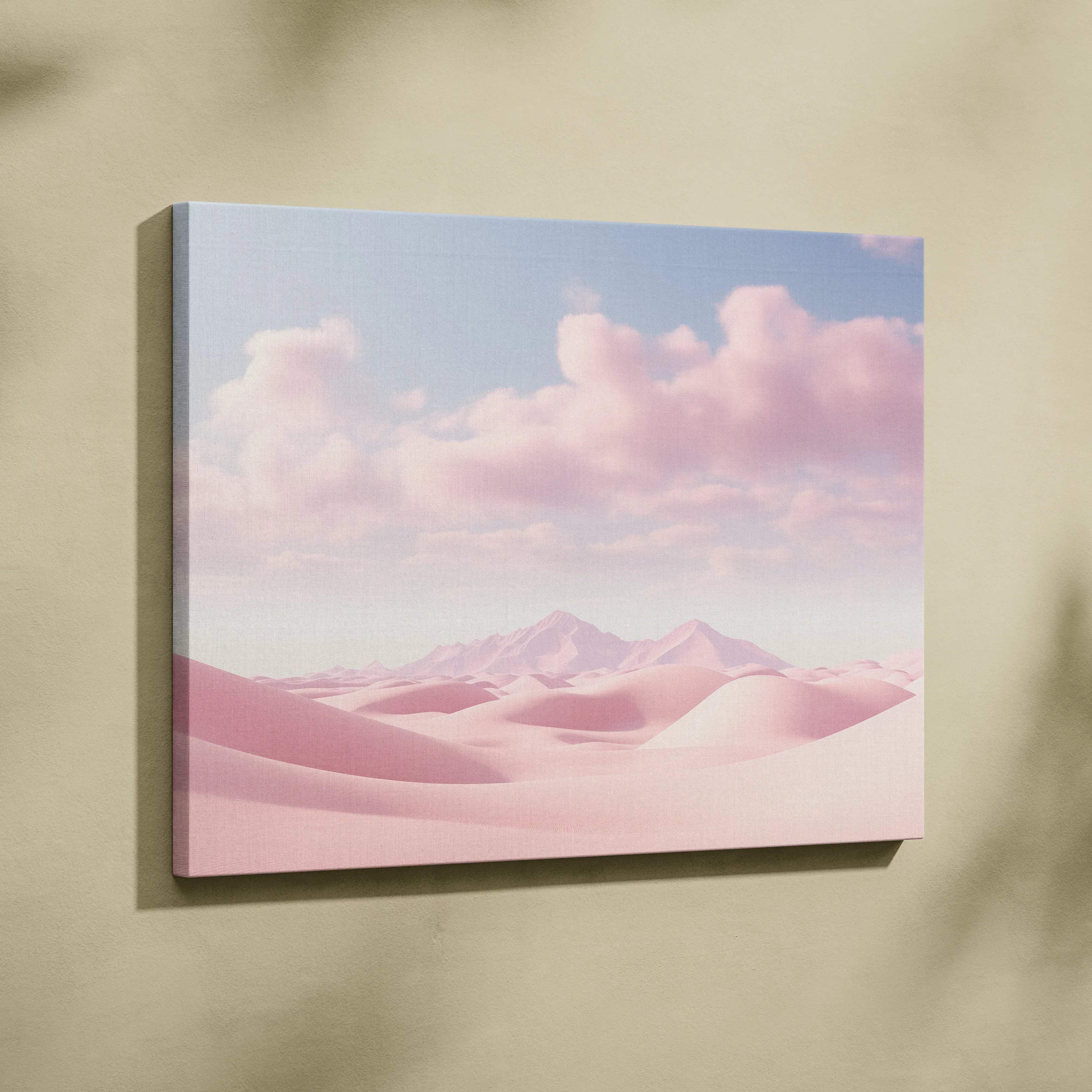 Minimalist pink desert dunes canvas wall art print featuring soft pink and lavender clouds for calm modern home decor