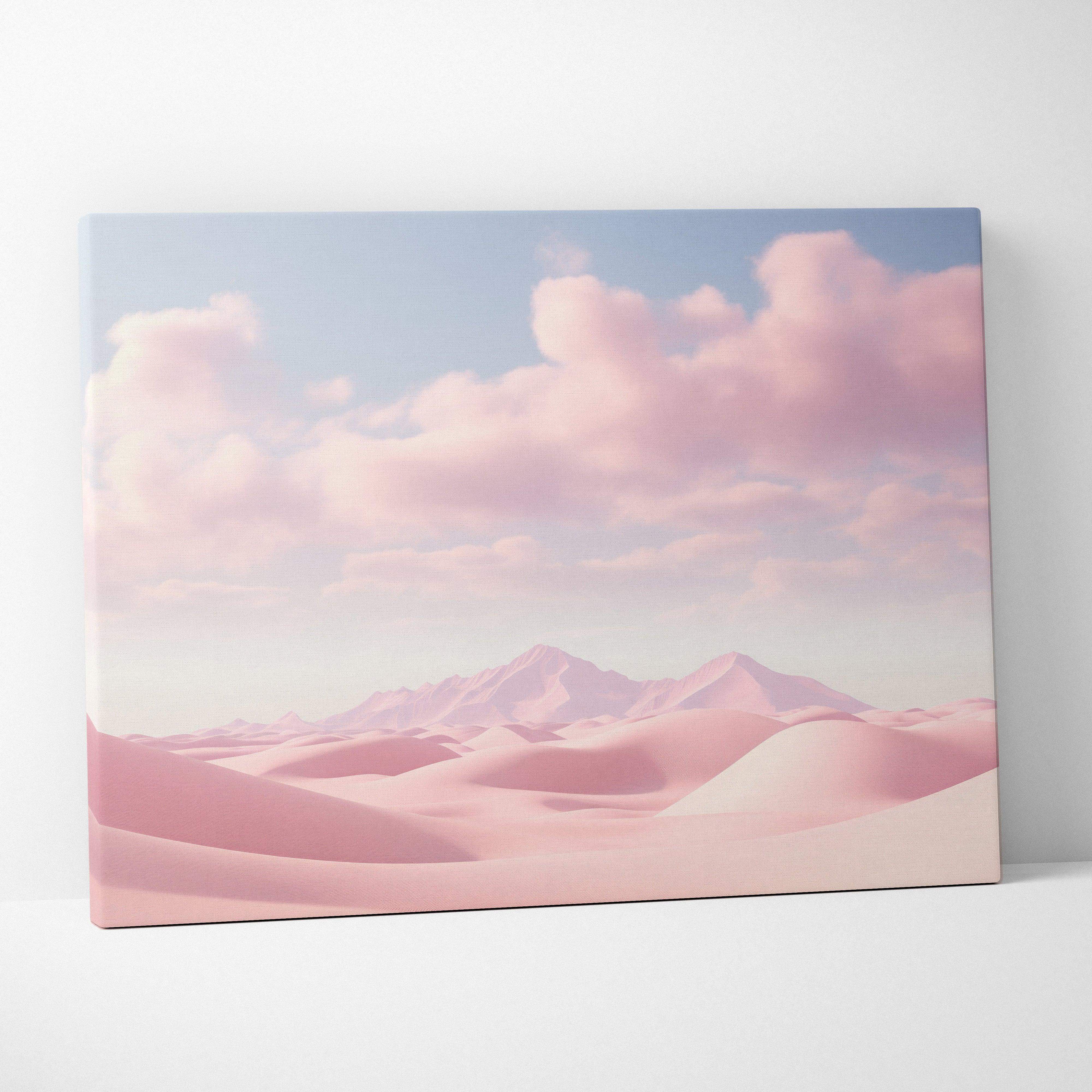 Minimalist pink desert dunes canvas print with soft pastel clouds and distant mountains for calm modern home decor