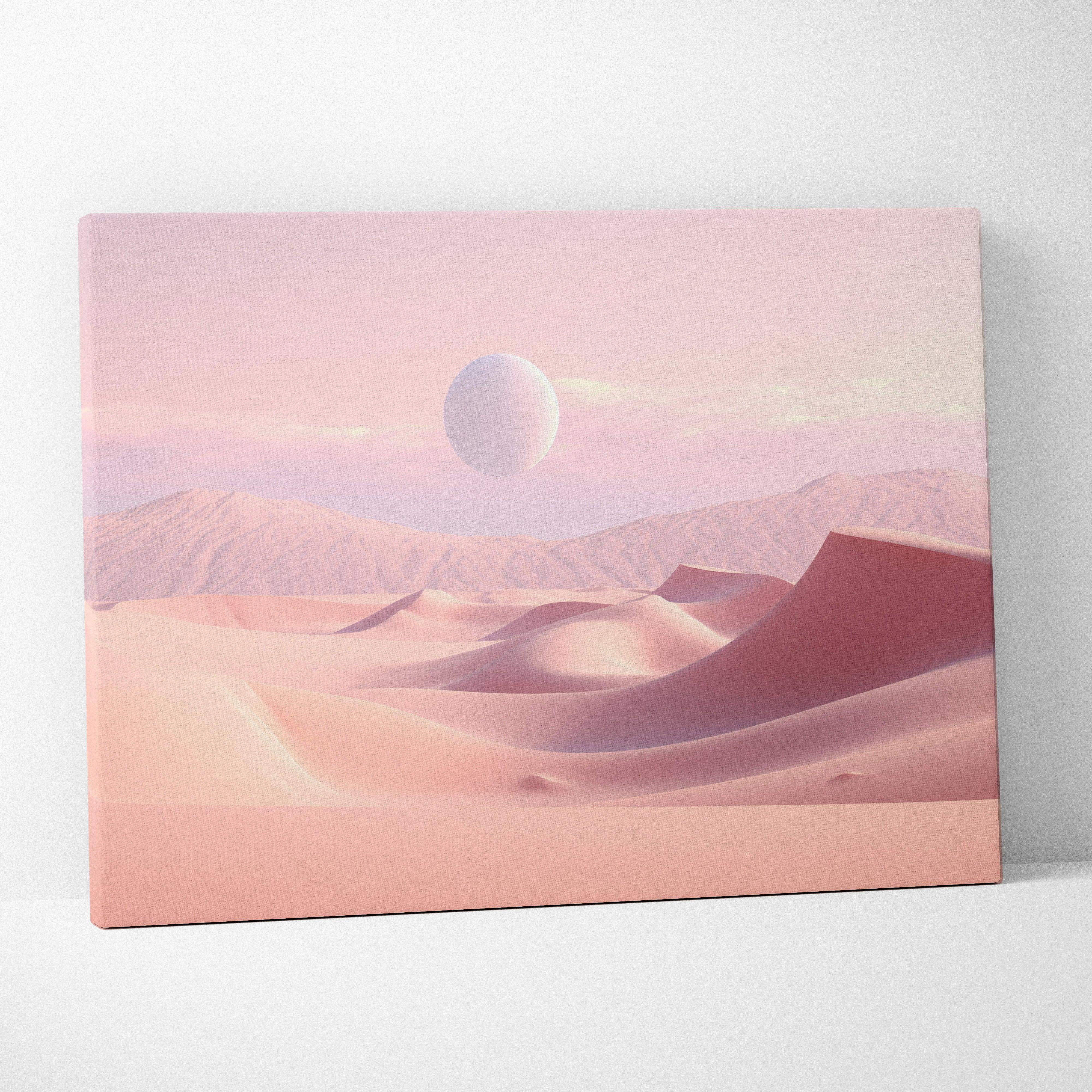 A soft pink canvas print of minimalist desert dunes with a surreal floating white orb and gentle sunset mood