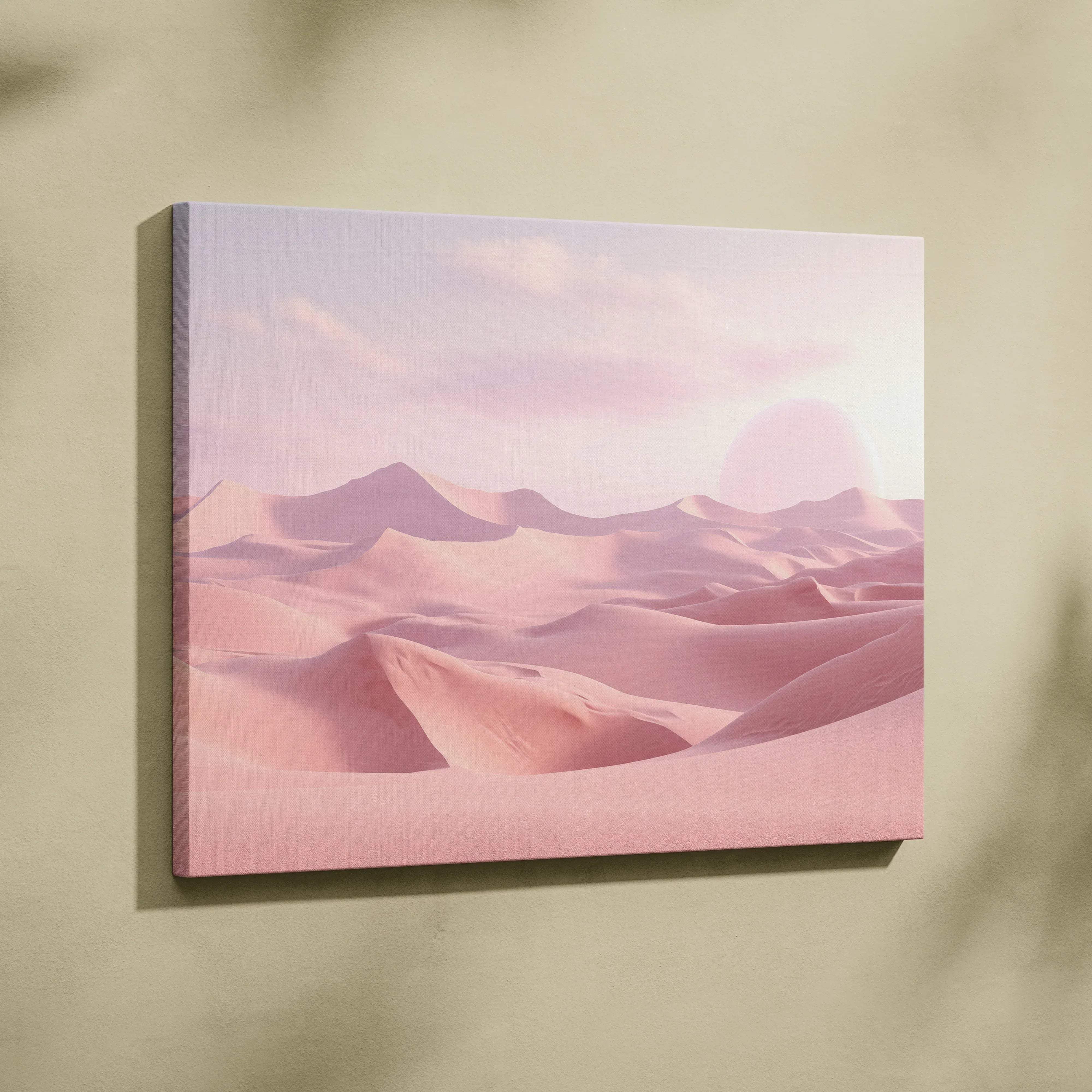 A soft pink minimalist desert dunes canvas wall art featuring rolling dunes and a pastel sunset sky