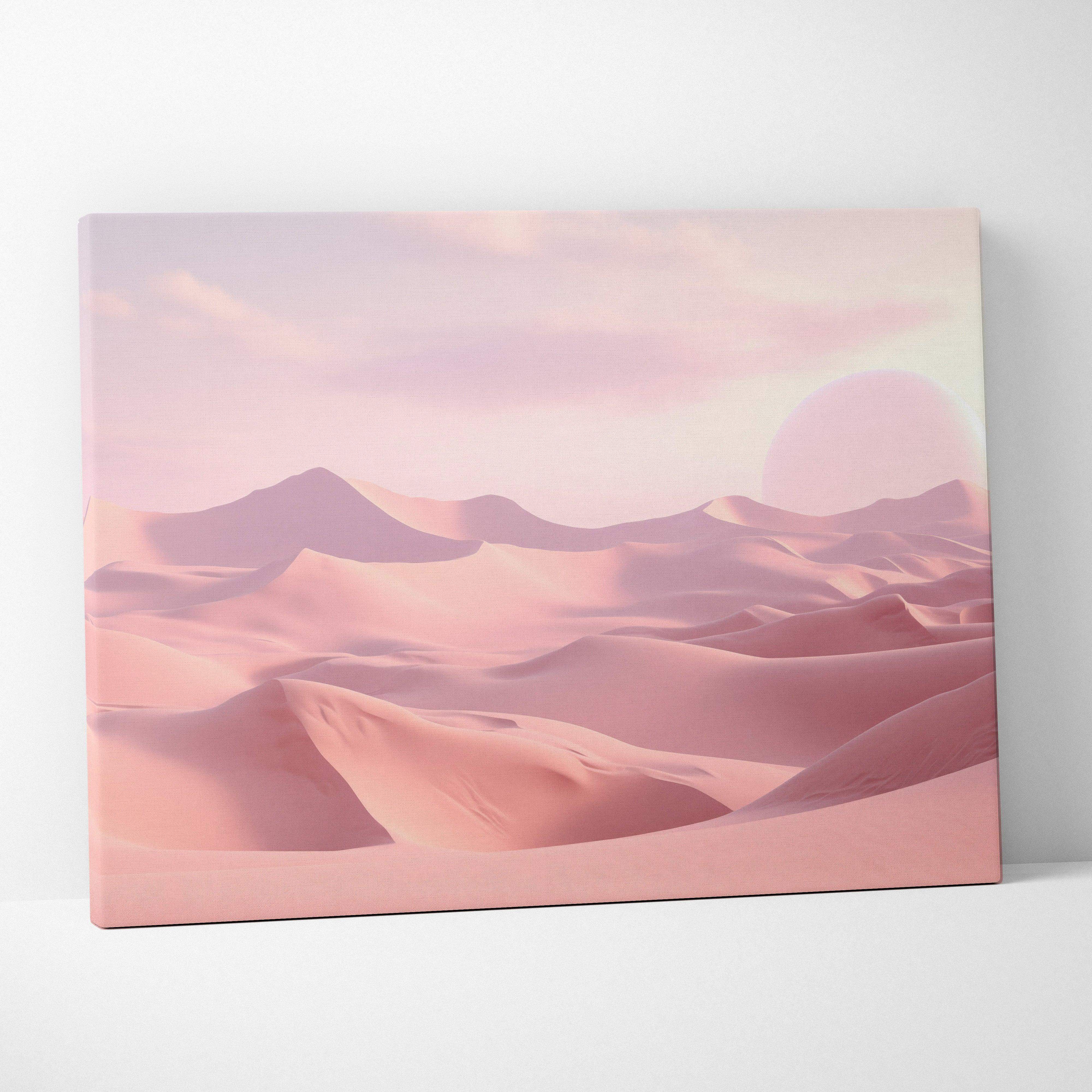 Minimalist desert dunes canvas wall art featuring pastel pink sunset landscape with soft sands and surreal sun