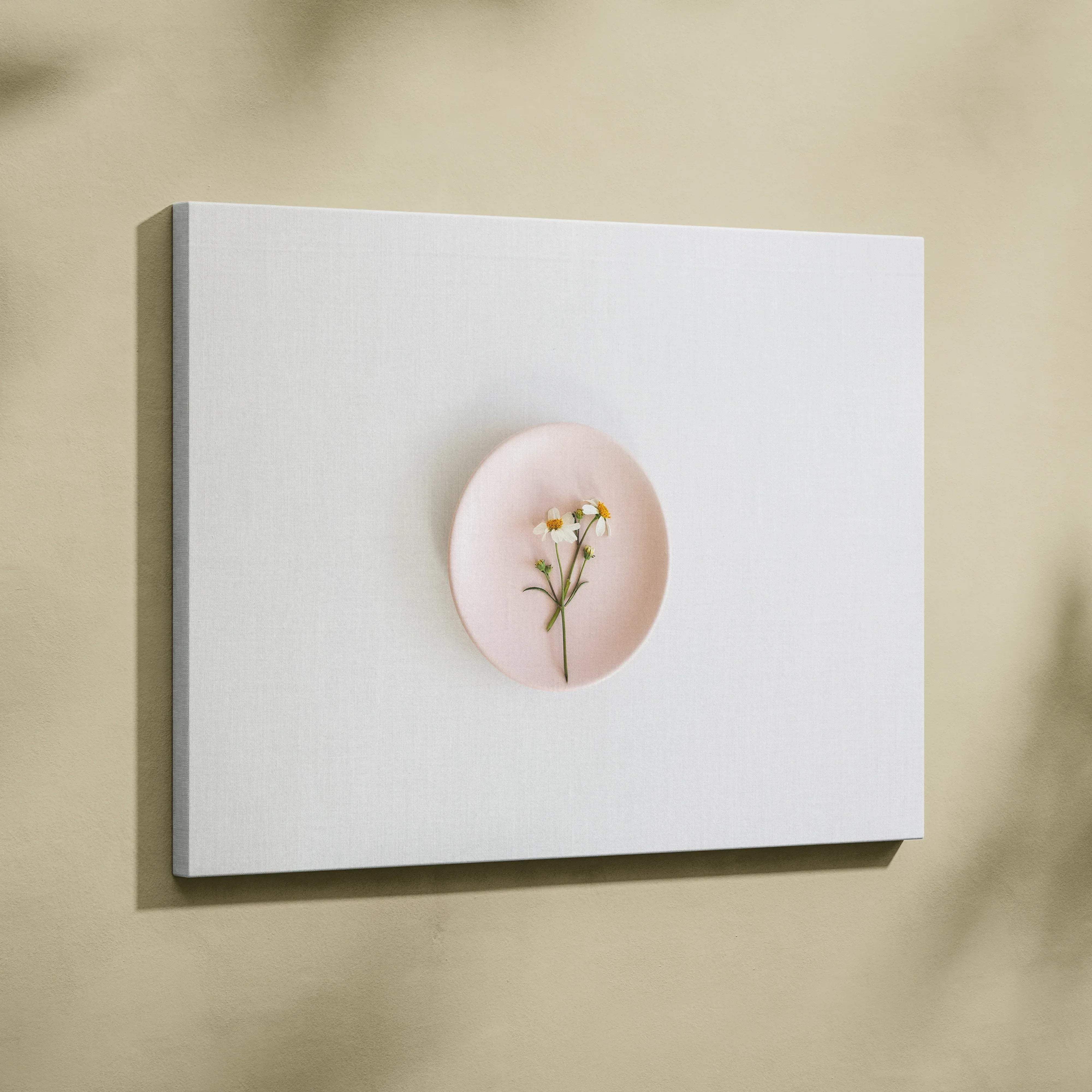 A delicate pink ceramic plate with dried white and yellow flowers for minimalist pastel home decor wall art