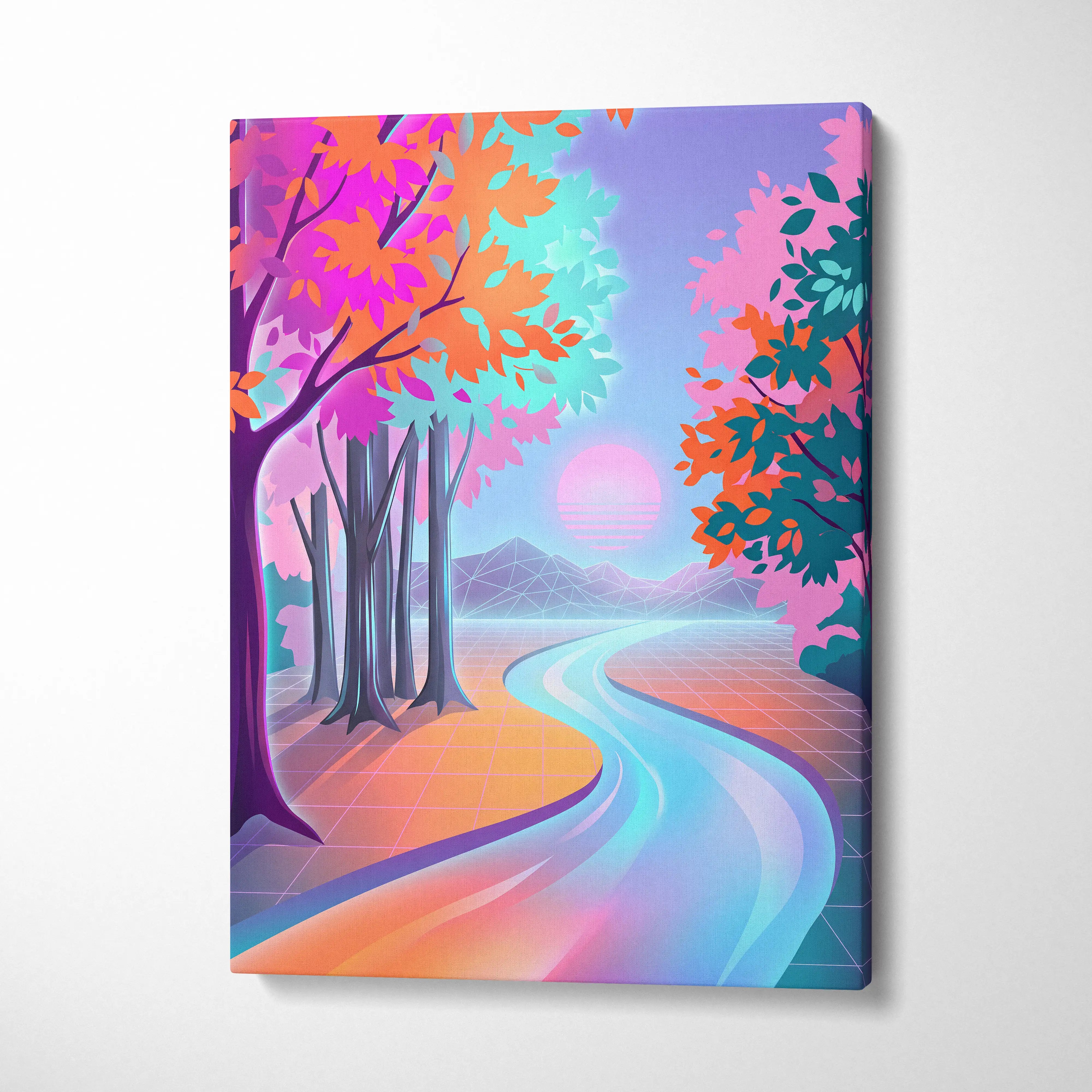Neon Sunset Vaporwave Canvas - Vaporwave Landscape Neon Pink Teal Living Room Dreamy Nostalgic Wall Art Canvas
