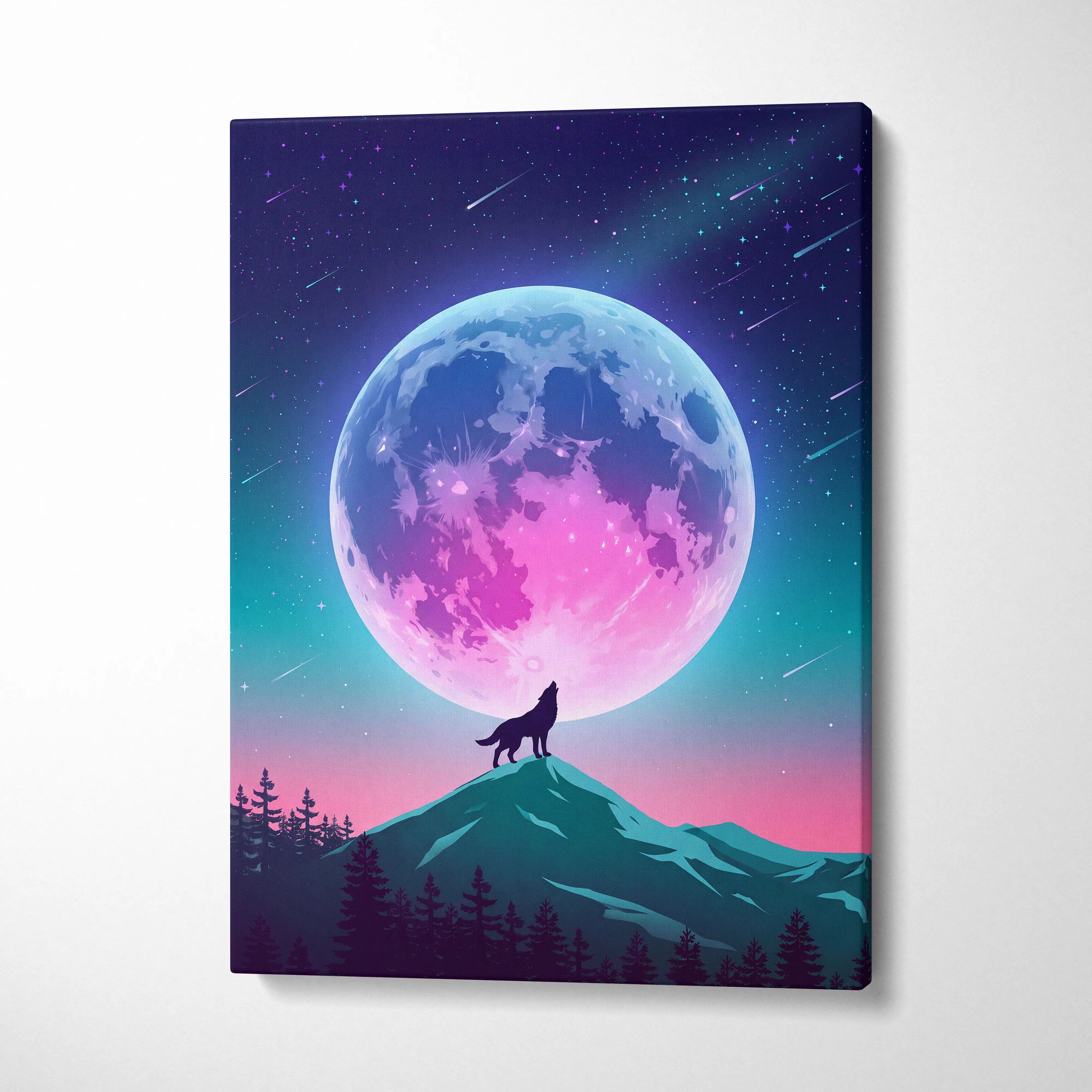 Vaporwave Moonlight Neon Canvas - Vaporwave Neon Pink Blue Living Room Retro-Futurism Dreamy Surreal Modern Art Canvas