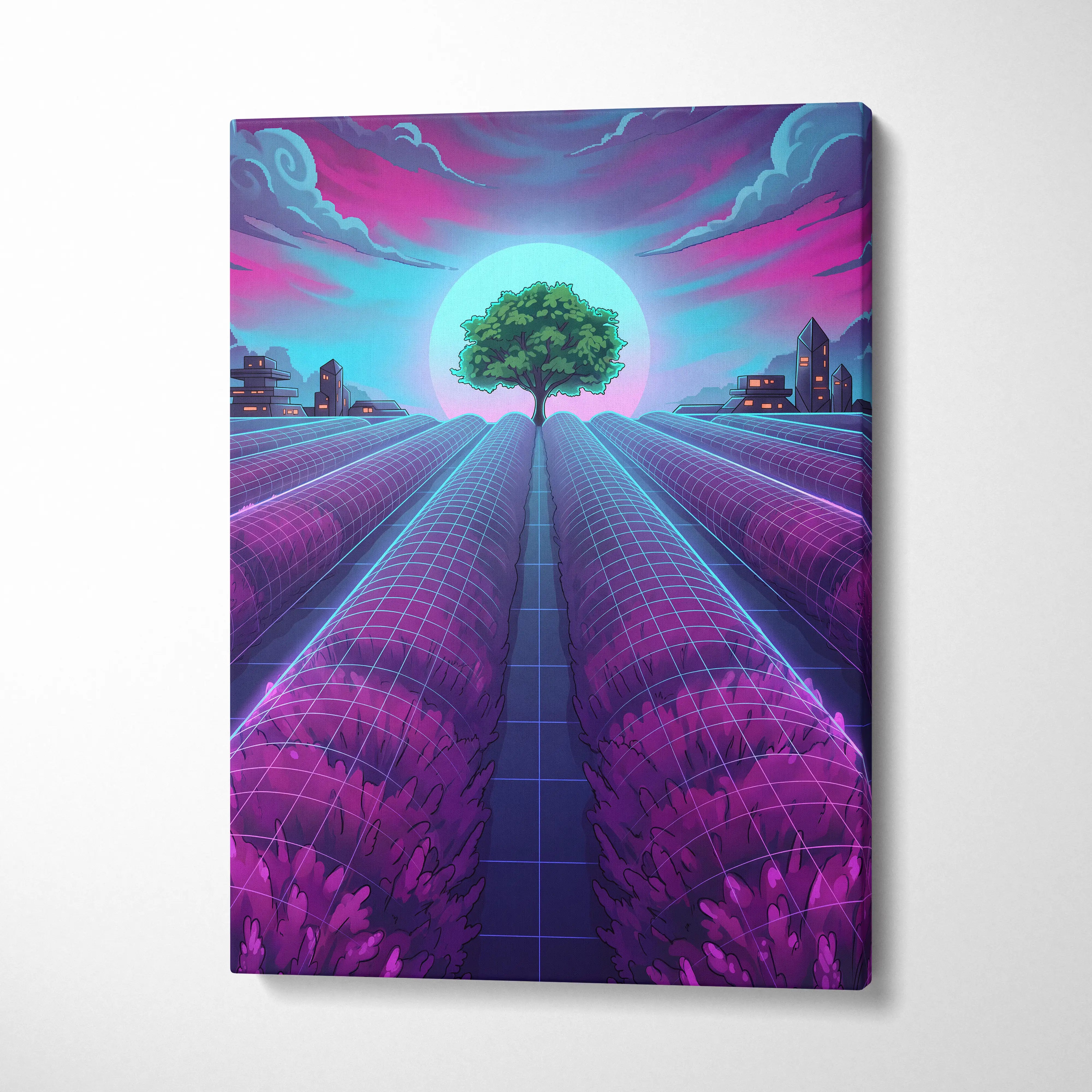 Neon Vaporwave Cityscape Canvas - Vaporwave Cityscape Neon Pink Blue Canvas Dreamy Mood, Retro Futurism Decor