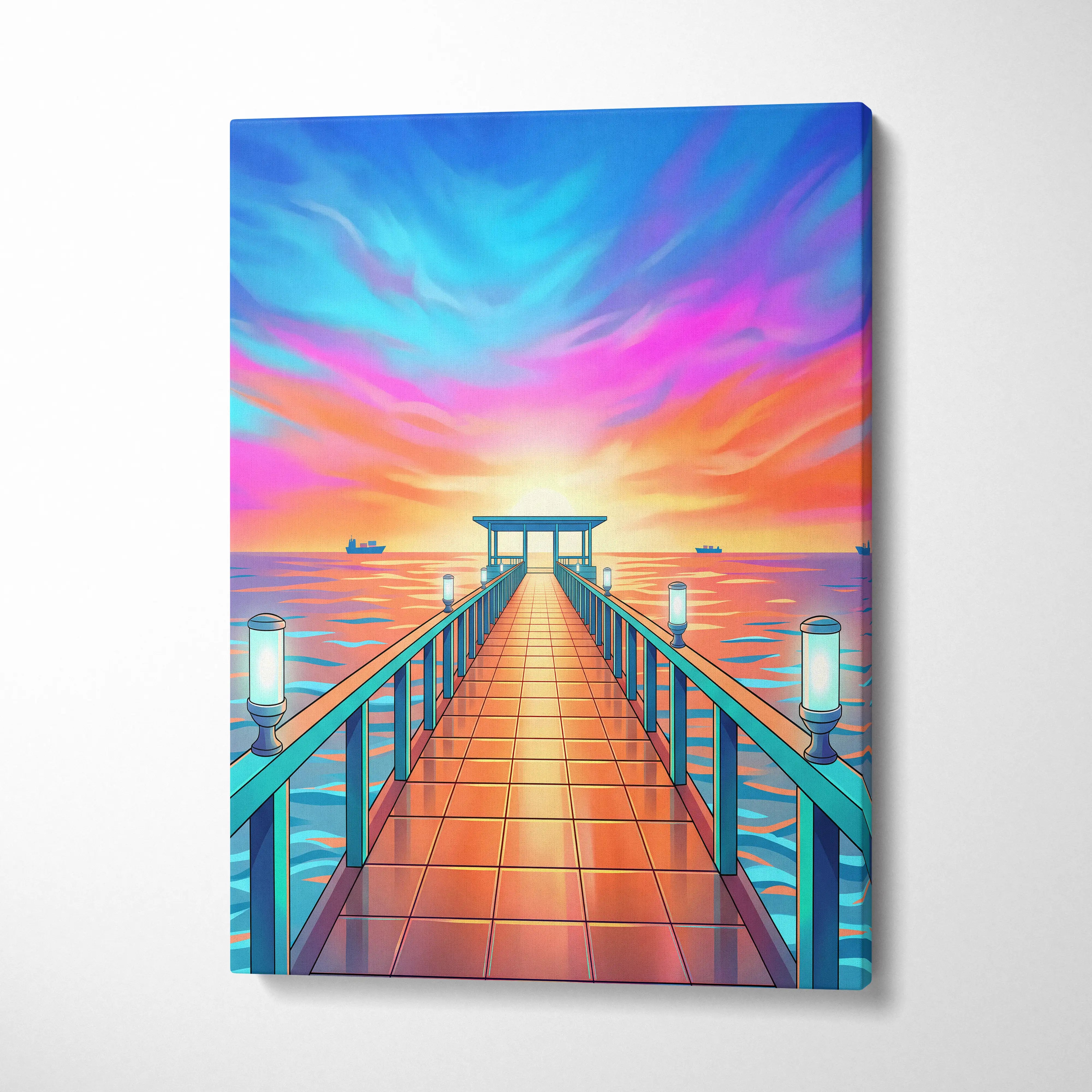 Neon Sunset Vaporwave Canvas - Seaside Pier Neon Blues Sunset Living Room Vaporwave Dreamy Vaporwave Wall Art Canvas