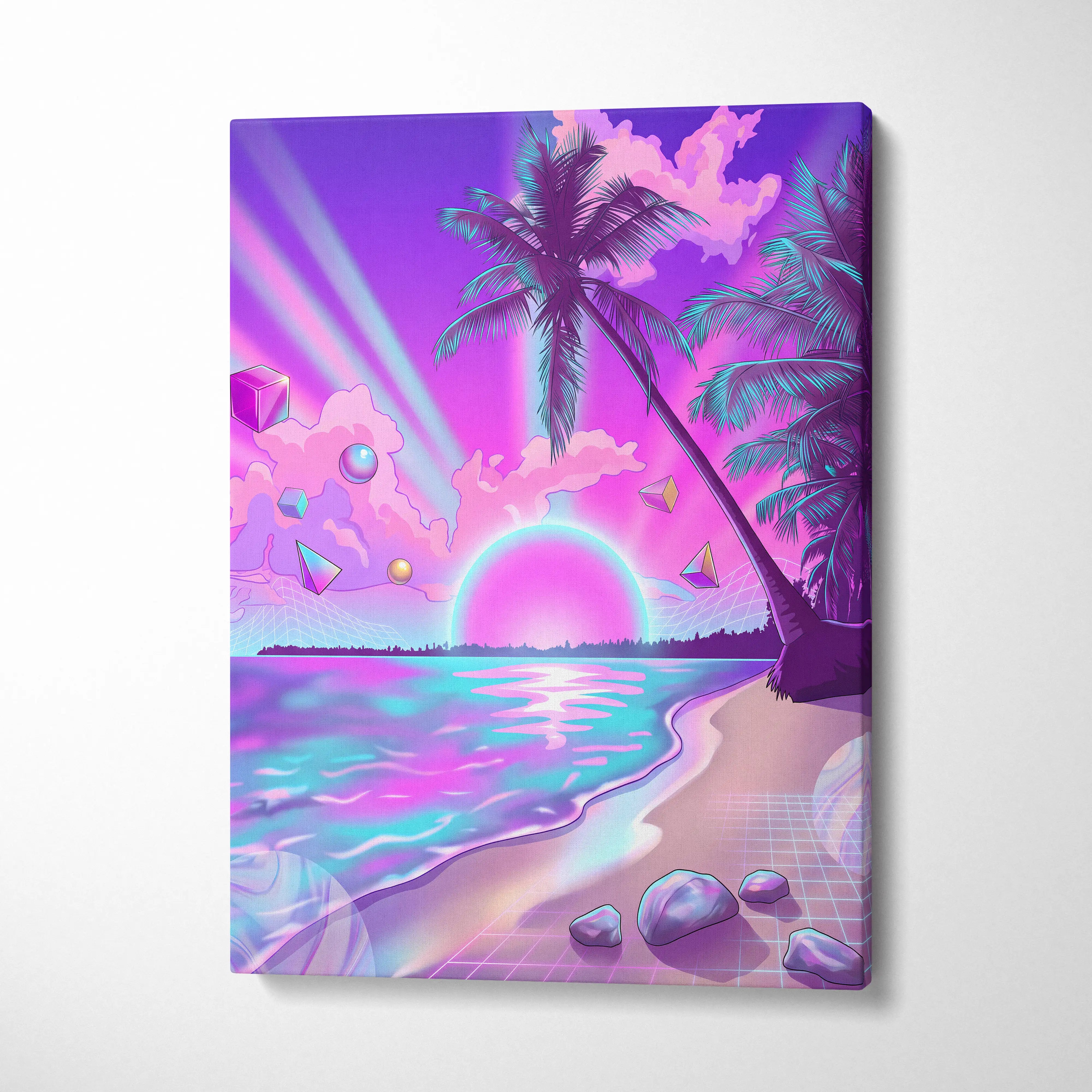 Neon Palm Vaporwave Canvas - Vaporwave Landscape Neon Pink Blue Living Room Decor Dreamy Mood Neon Aesthetic Canvas