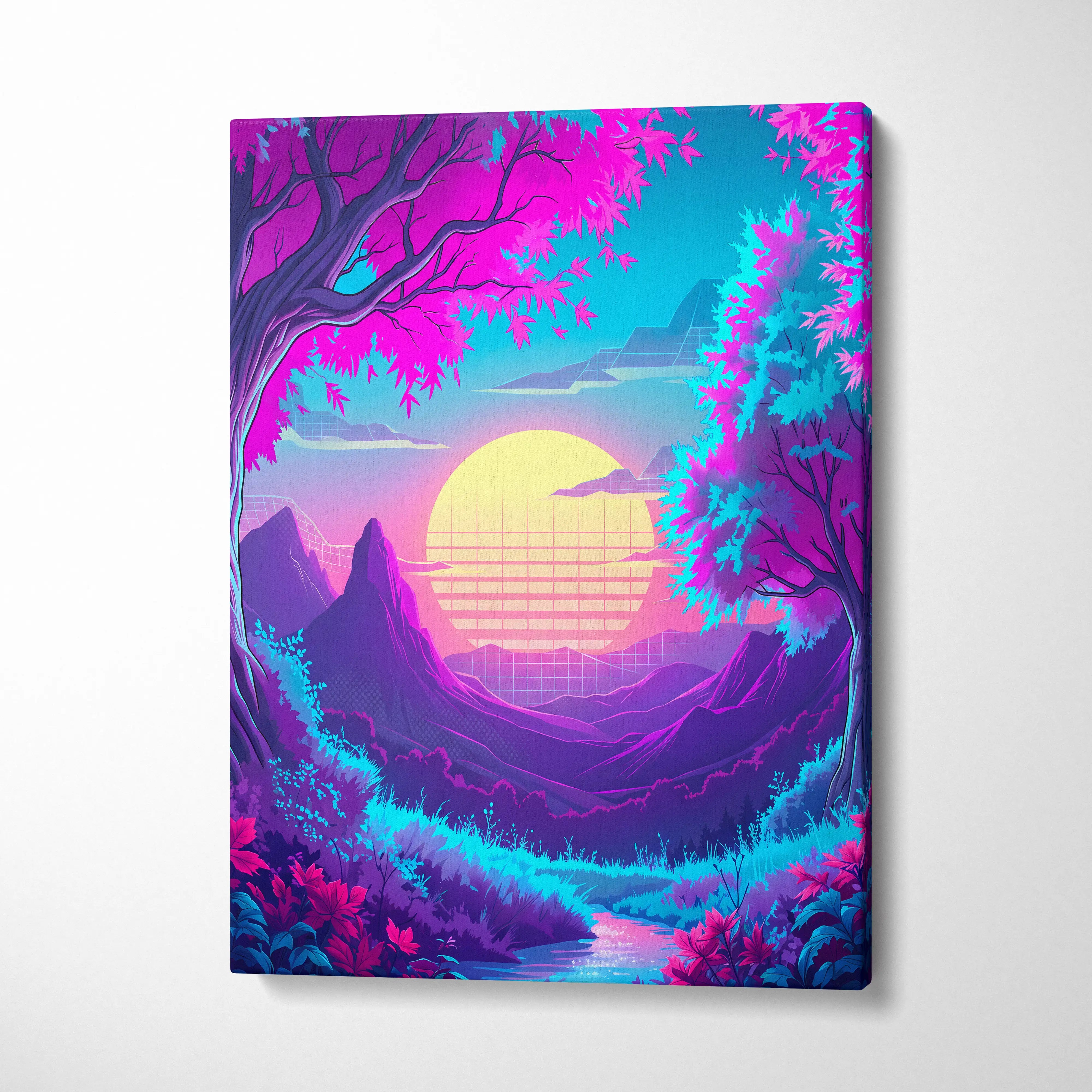 Neon Vaporwave Sunset Canvas - Vaporwave Landscape Neon Pink Living Room Synthwave Dreamy Neon Mood, Retro Futurism