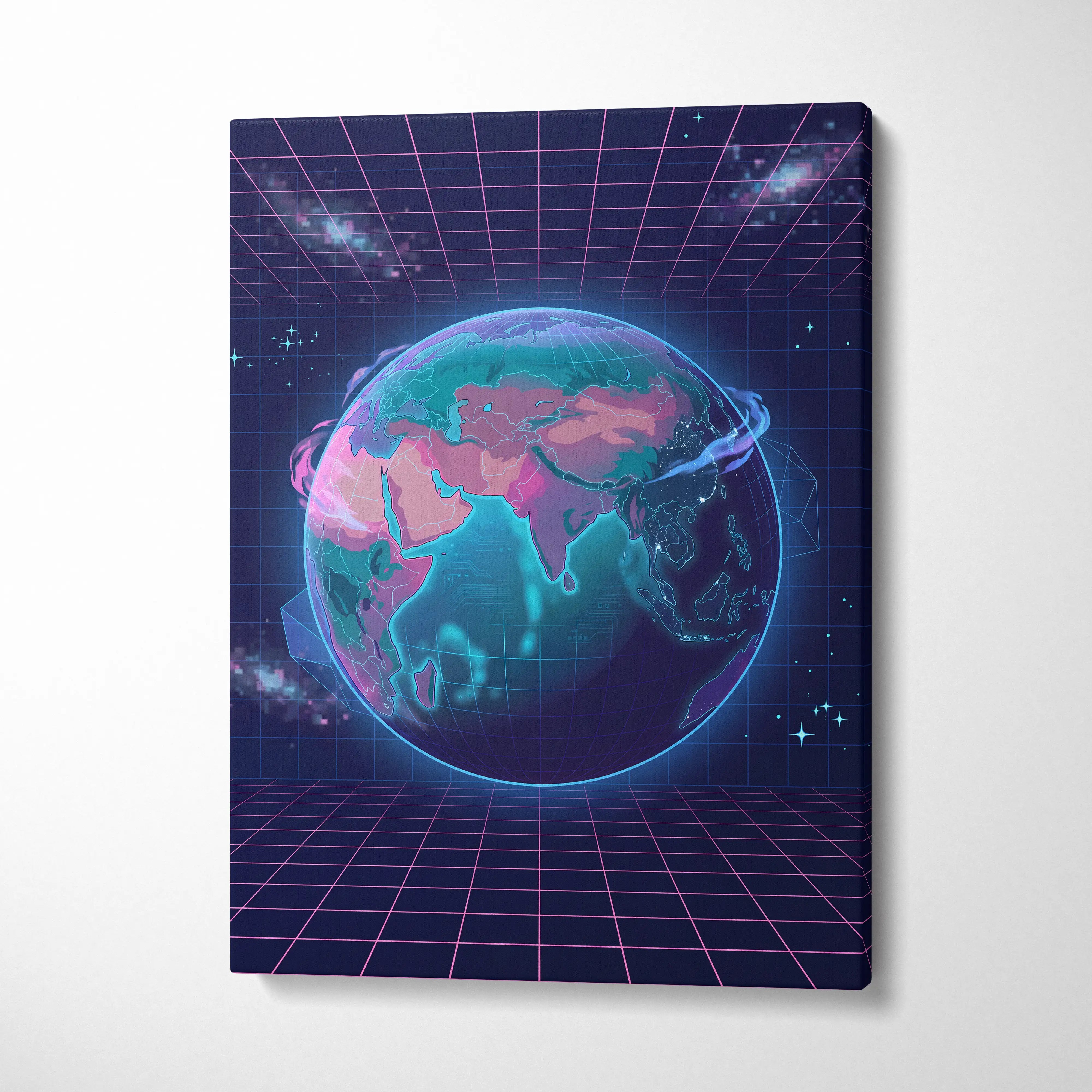 Neon Globe Vaporwave Canvas - Globe Pink Blue Wall Art Vaporwave, Dreamy Mood, Cyberpunk Neon Decor, Canvas Print