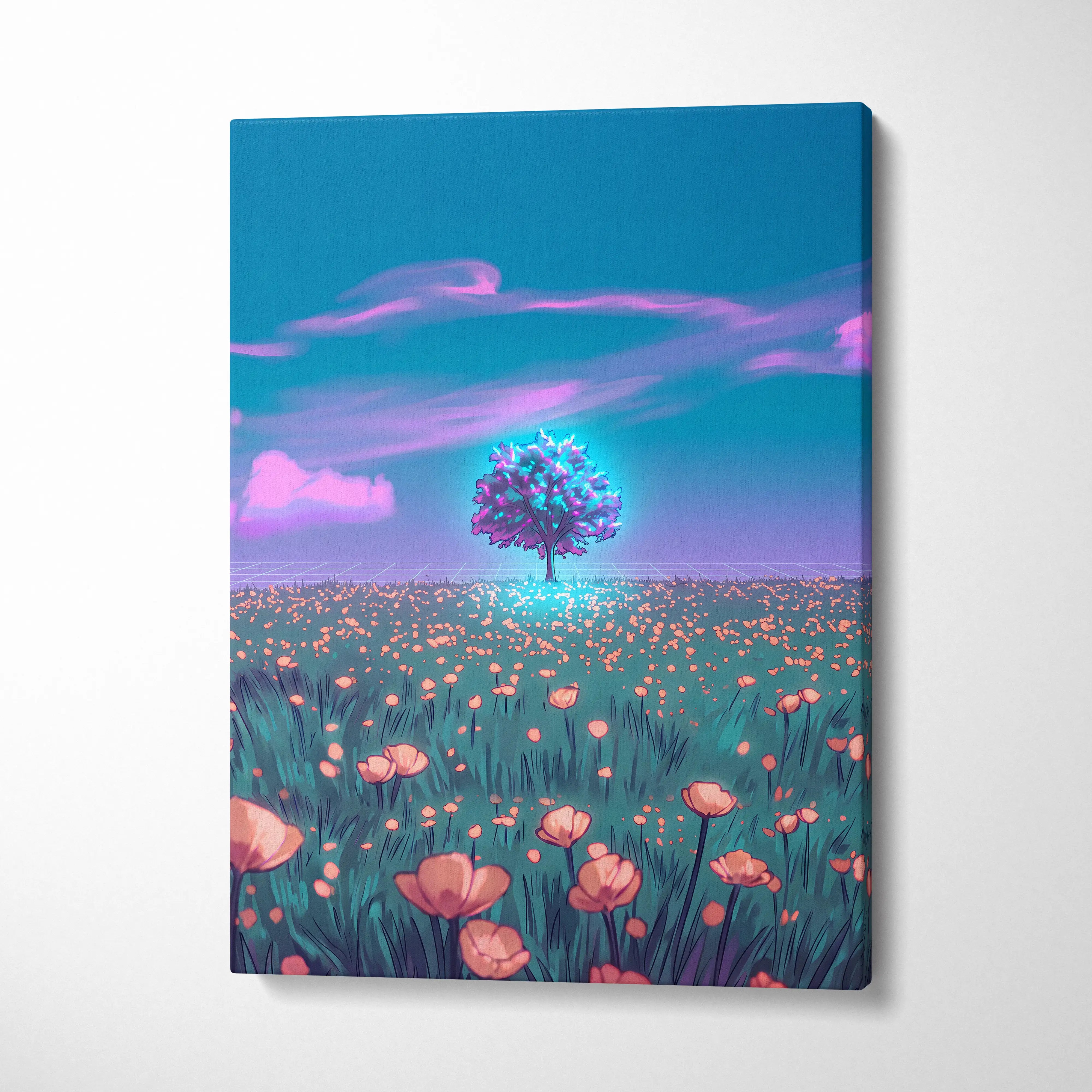 Neon Vapor Dream Canvas - Vaporwave Landscape Neon Sunset Neon Pink Cyan Bedroom Decor Retro Futurism Dreamy Surreal Mood Neon Cityscape Modern Minimalist Decor Wall Art Canvas Museum Quality
