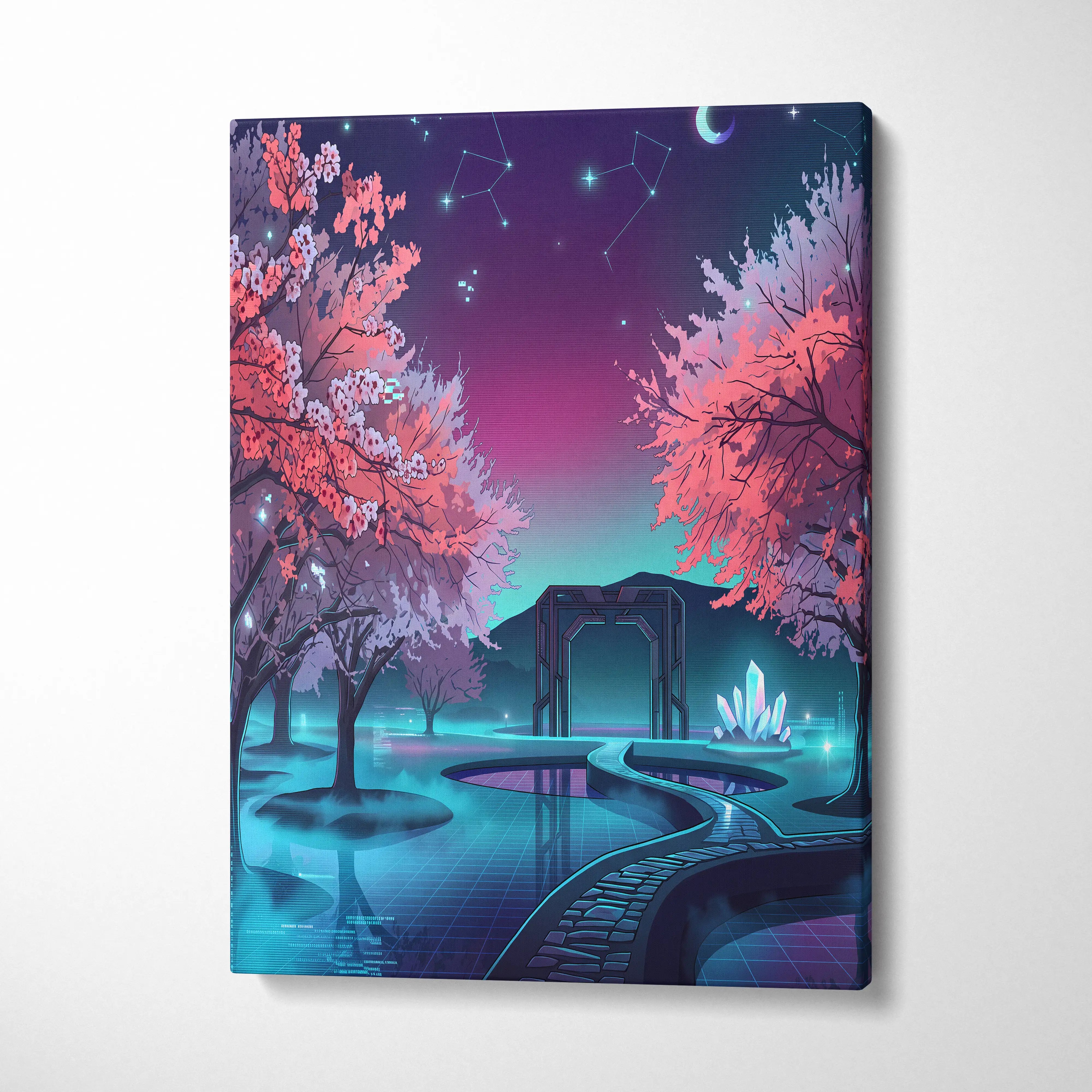 Neon Vaporwave Blossom Canvas - Cherry Blossom Neon Wall Art Vaporwave Dreamy Retro Futurism Mood Canvas