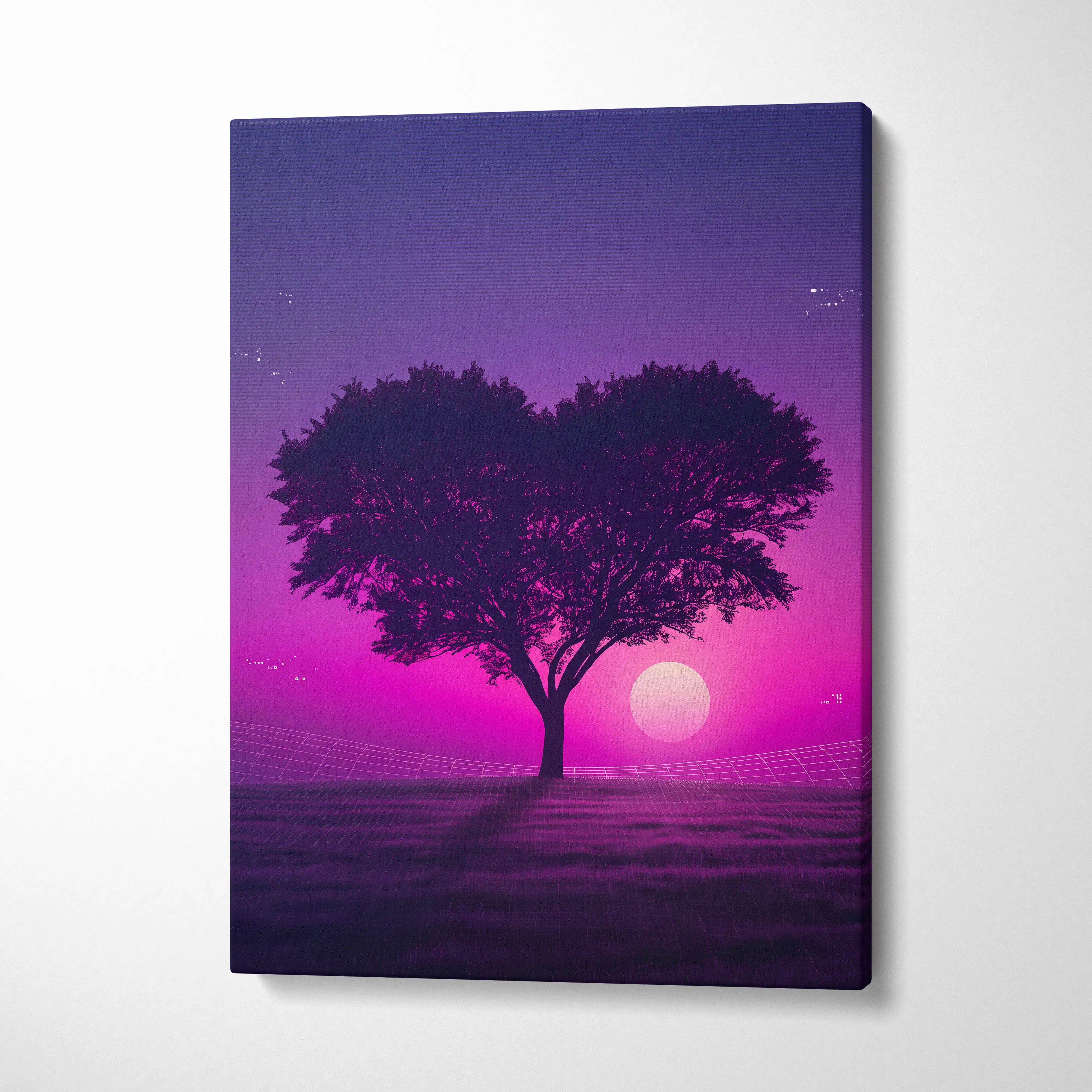 Neon Sunset Vaporwave Canvas - Tree Silhouette Purple Pink Living Vaporwave Dreamy Nostalgic Retro-Futurism Canvas