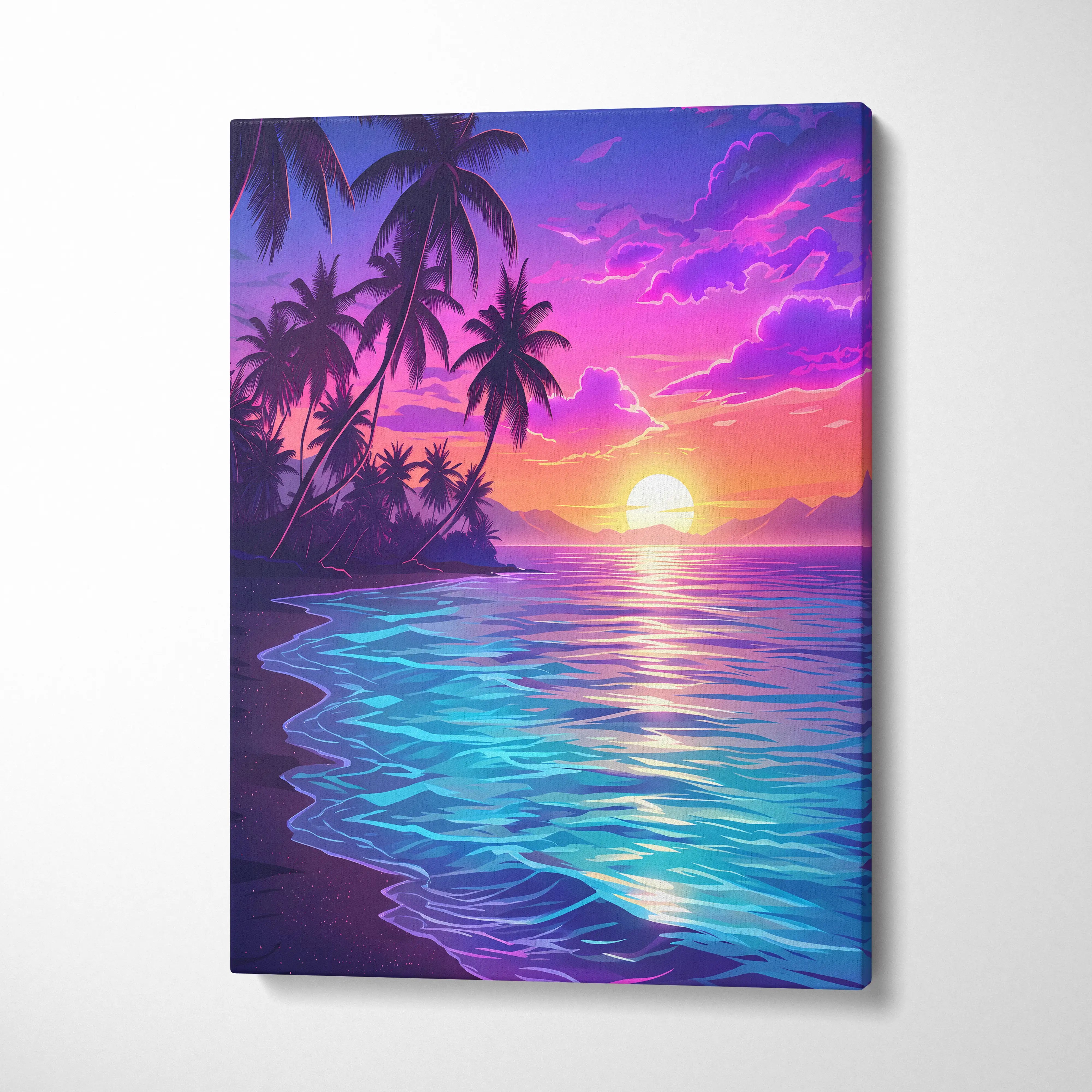 Neon Palm Sunset Vaporwave Canvas - Palm Sunset Neon Pink Blue Living Room Vaporwave Dreamy Nostalgic Retro Canvas