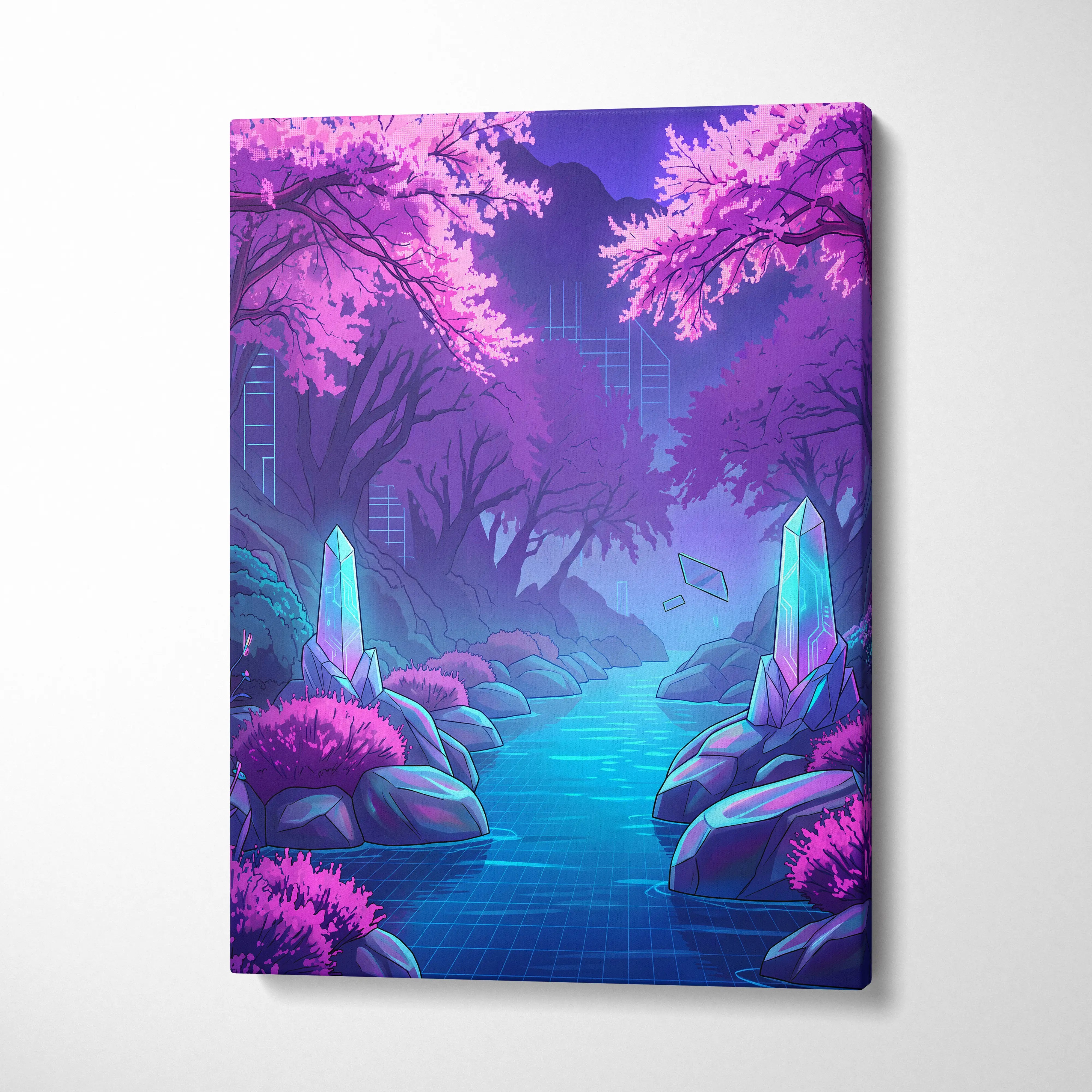 Neon Vaporwave Dreamscape Canvas - Vaporwave Cityscape Neon Pink Purple Blue Living Room Retro Futurism Dreamy Canvas