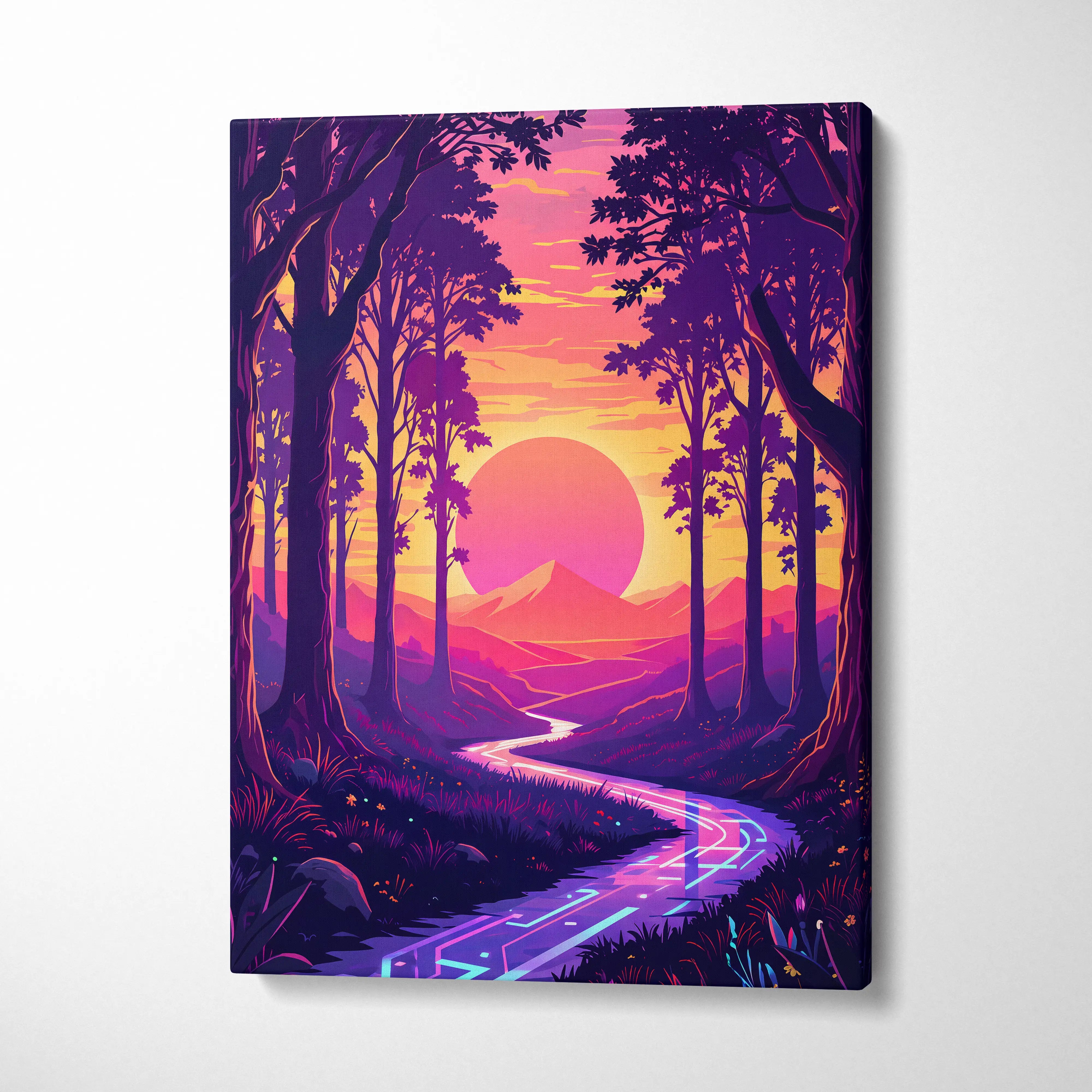 Vaporwave Neon Forest Sunset Canvas - Vaporwave Forest Sunset Purple Pink Neon Living Retro Dreamy Neon Vaporwave Canvas