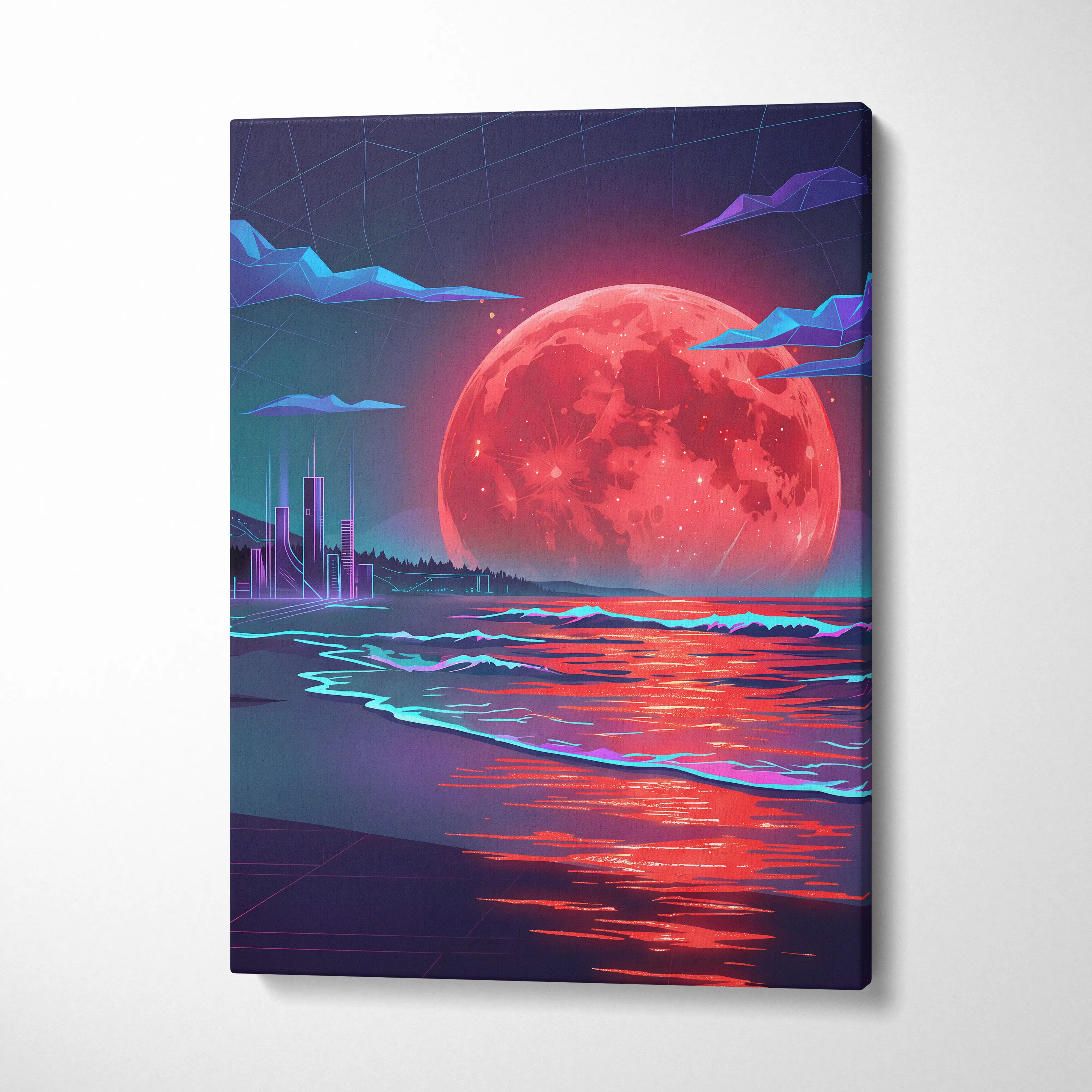 Neon Moon Vaporwave Canvas - Moonlit Neon City Living Room Neon Pink Vaporwave Dreamy Retro Mood Vaporwave Canvas