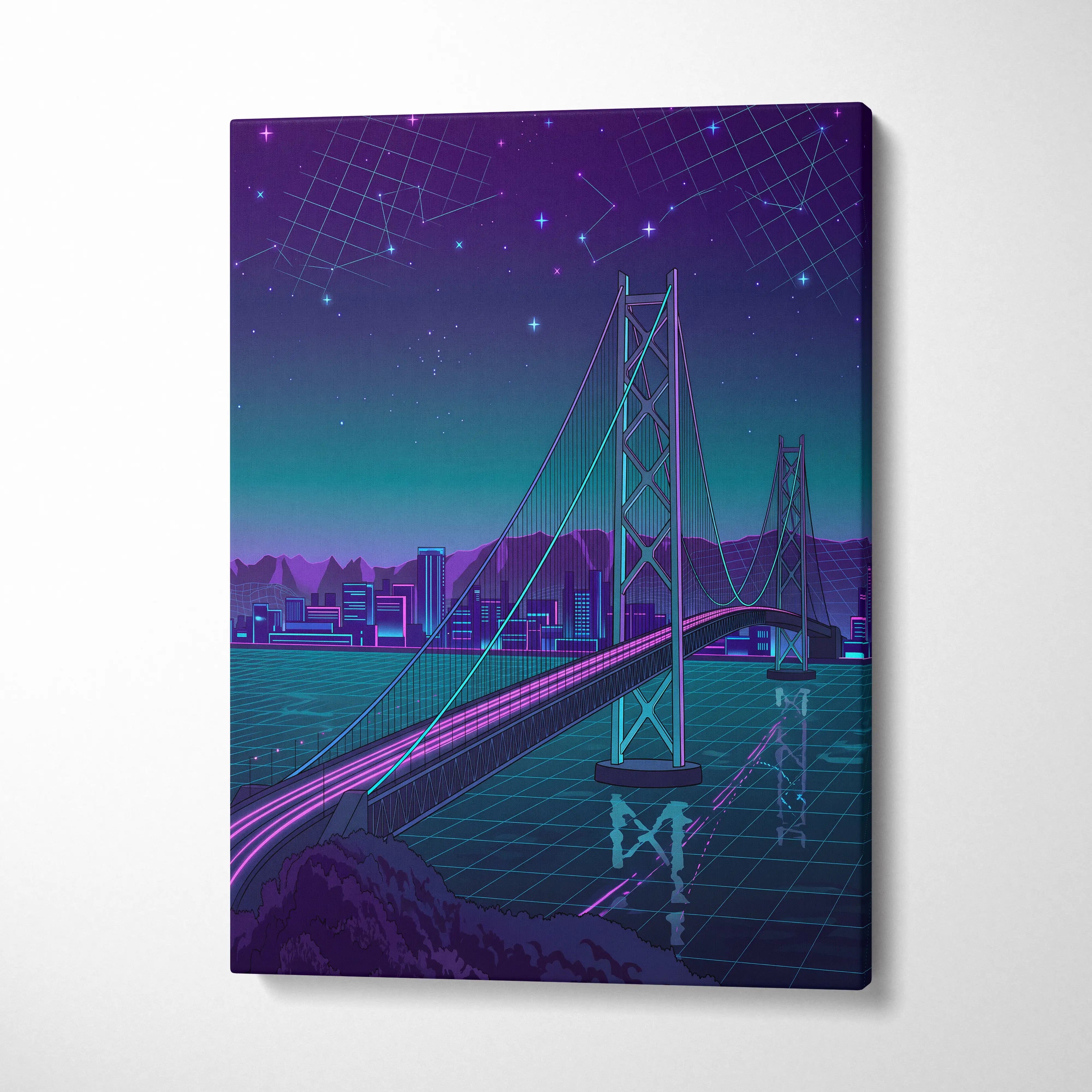 Neon Vaporwave Cityscape Canvas - Vaporwave Cityscape Neon Purple Living Room Retro Dreamy Neon Wall Art Canvas
