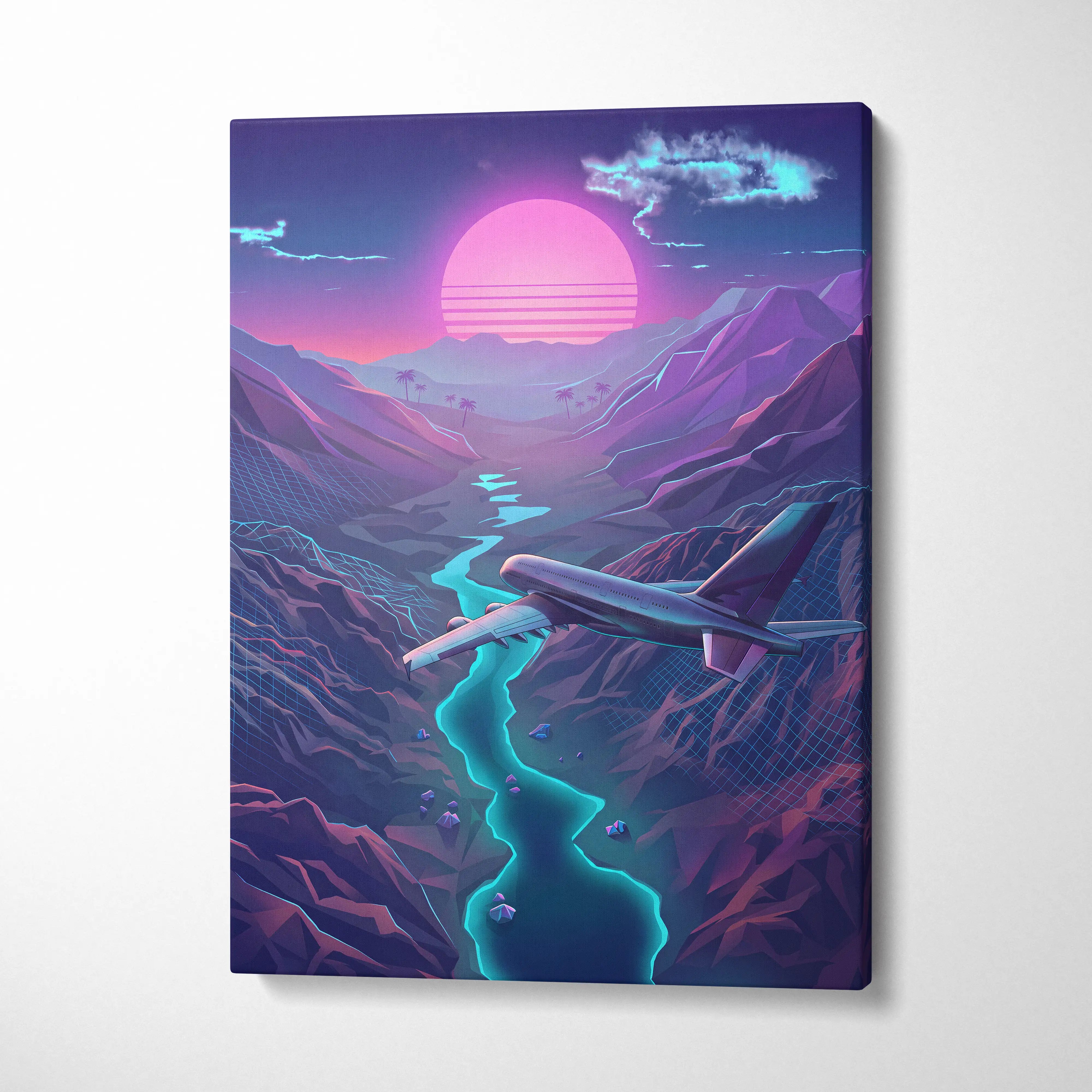 Neon Sunset Vaporwave Canvas - Neon Sunset Pink Purple Cyan Living Room Vaporwave Dreamy Retro Futurism Wall Art Canvas