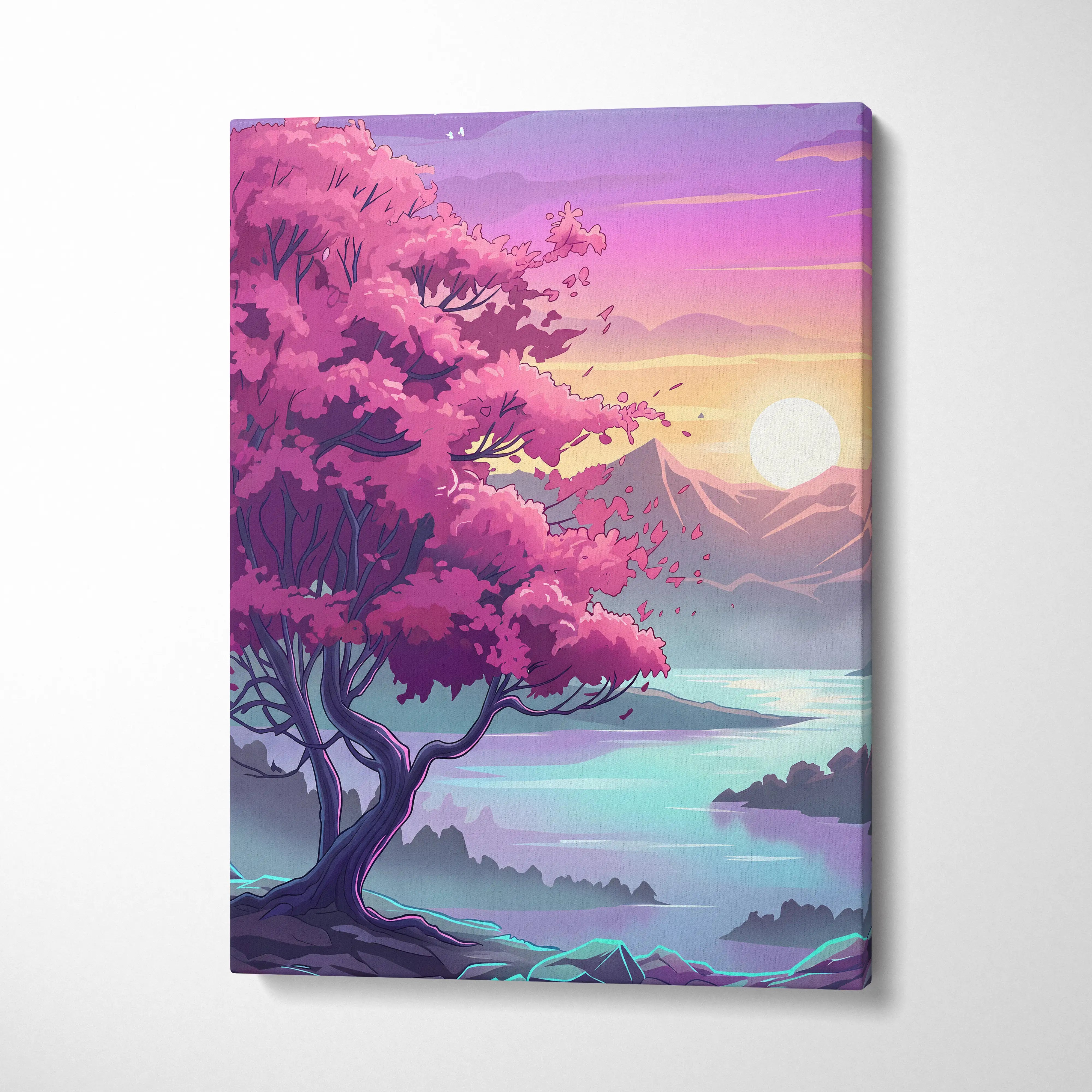 Neon Vaporwave Landscape Canvas - Landscape Neon Pink Purple Cyan Living Room Vaporwave Dreamy Retro Modern Art Canvas