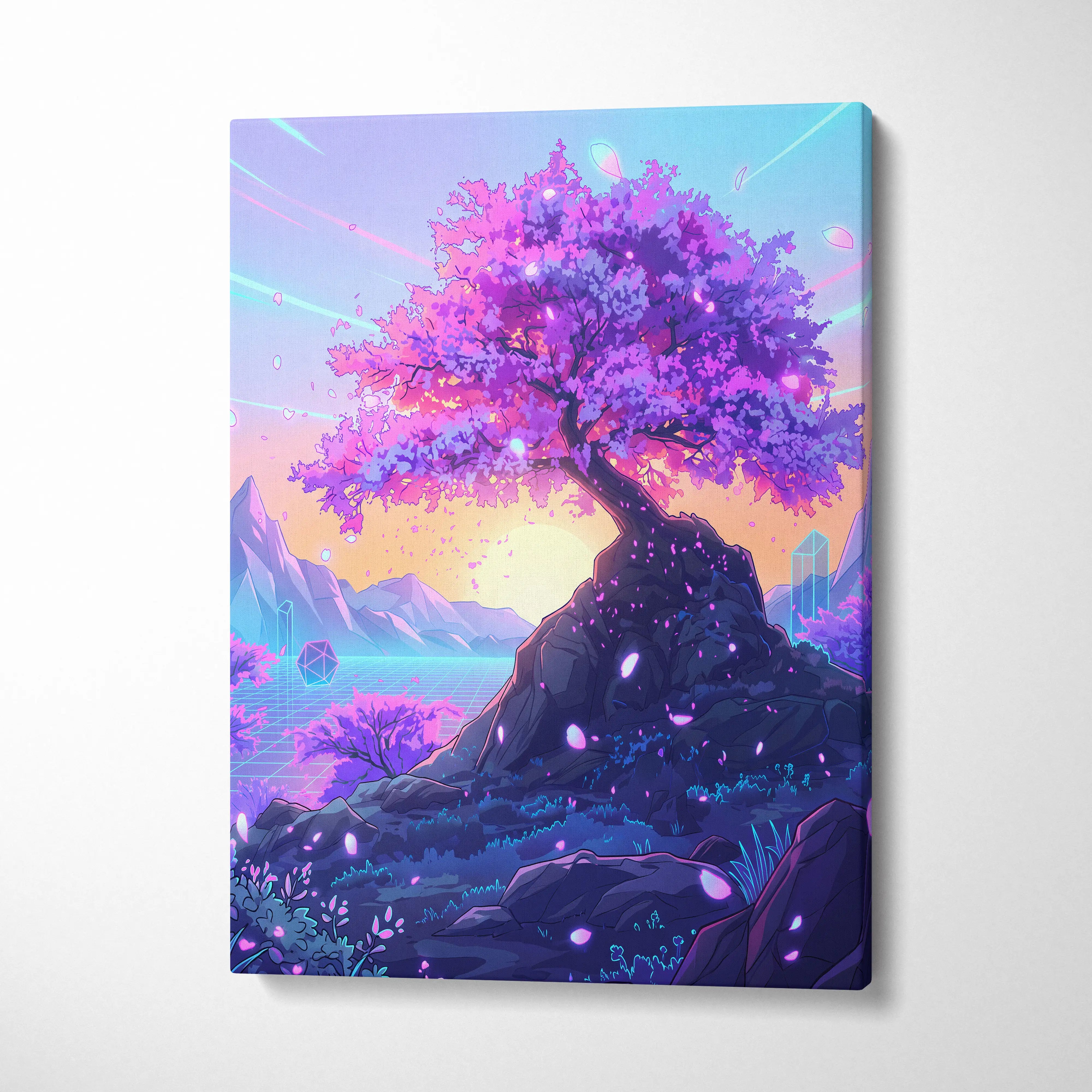 Neon Sakura Vaporwave Canvas - Sakura Tree Neon Pink Purple Blue Living Decor Vaporwave Dreamy Surreal Wall Art Canvas