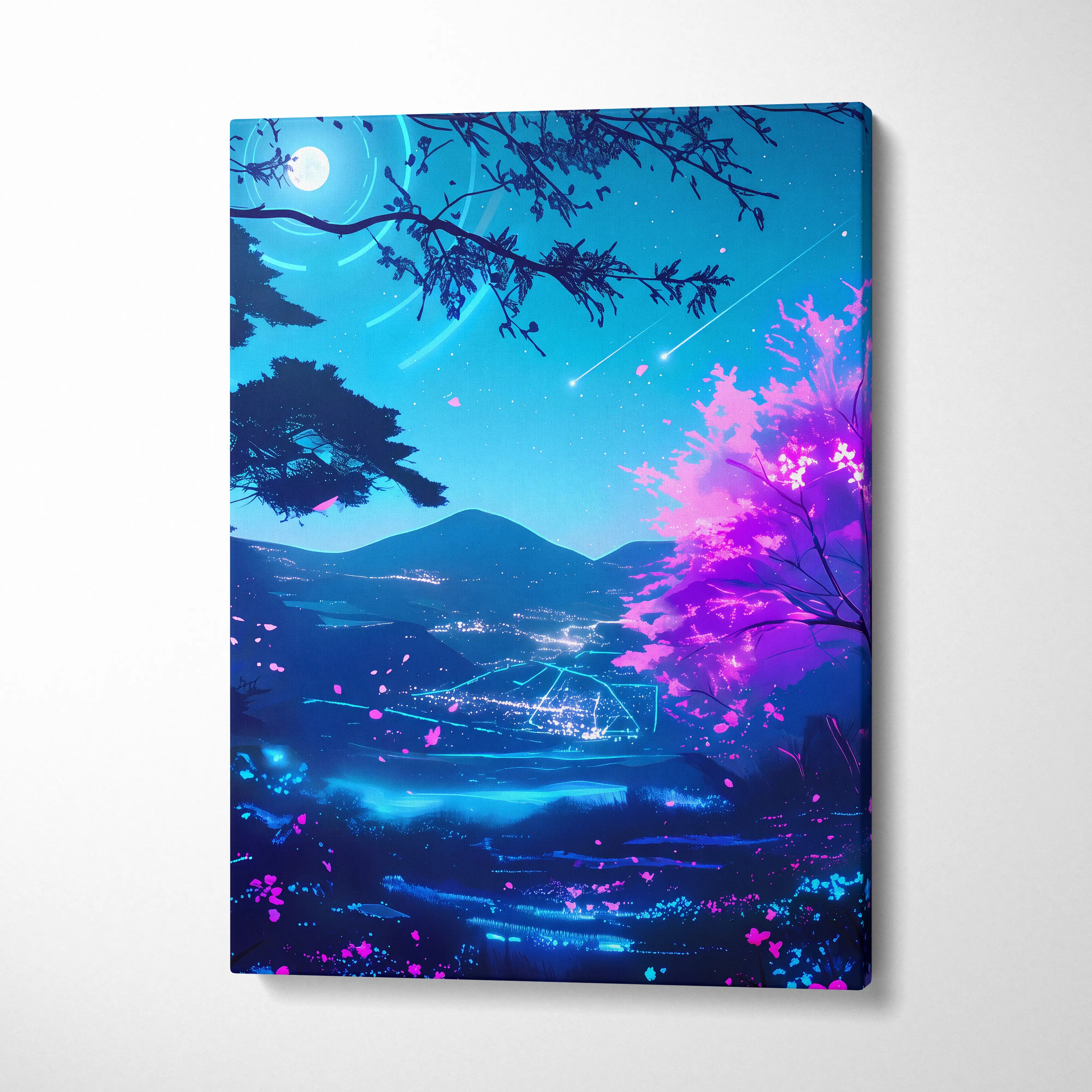 Neon Vaporwave Landscape Canvas - Vaporwave Landscape Neon Blues For Living Room Synthwave Dreamy Mood Modern Wall Decor