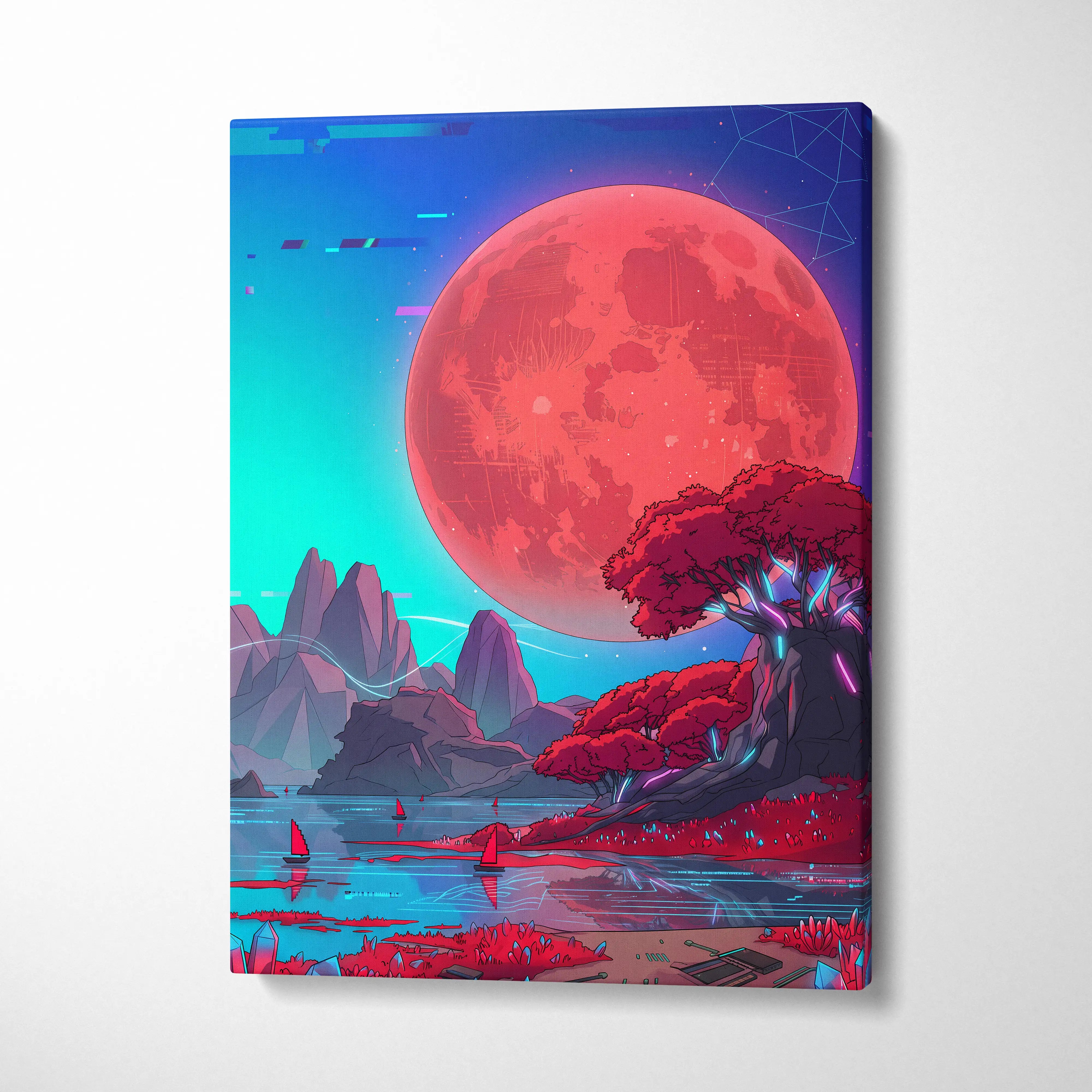 Neon Vaporwave Sunset Canvas - Vaporwave Landscape Neon Pink Cyan Living Room Retro Dreamy Glitch Art Canvas