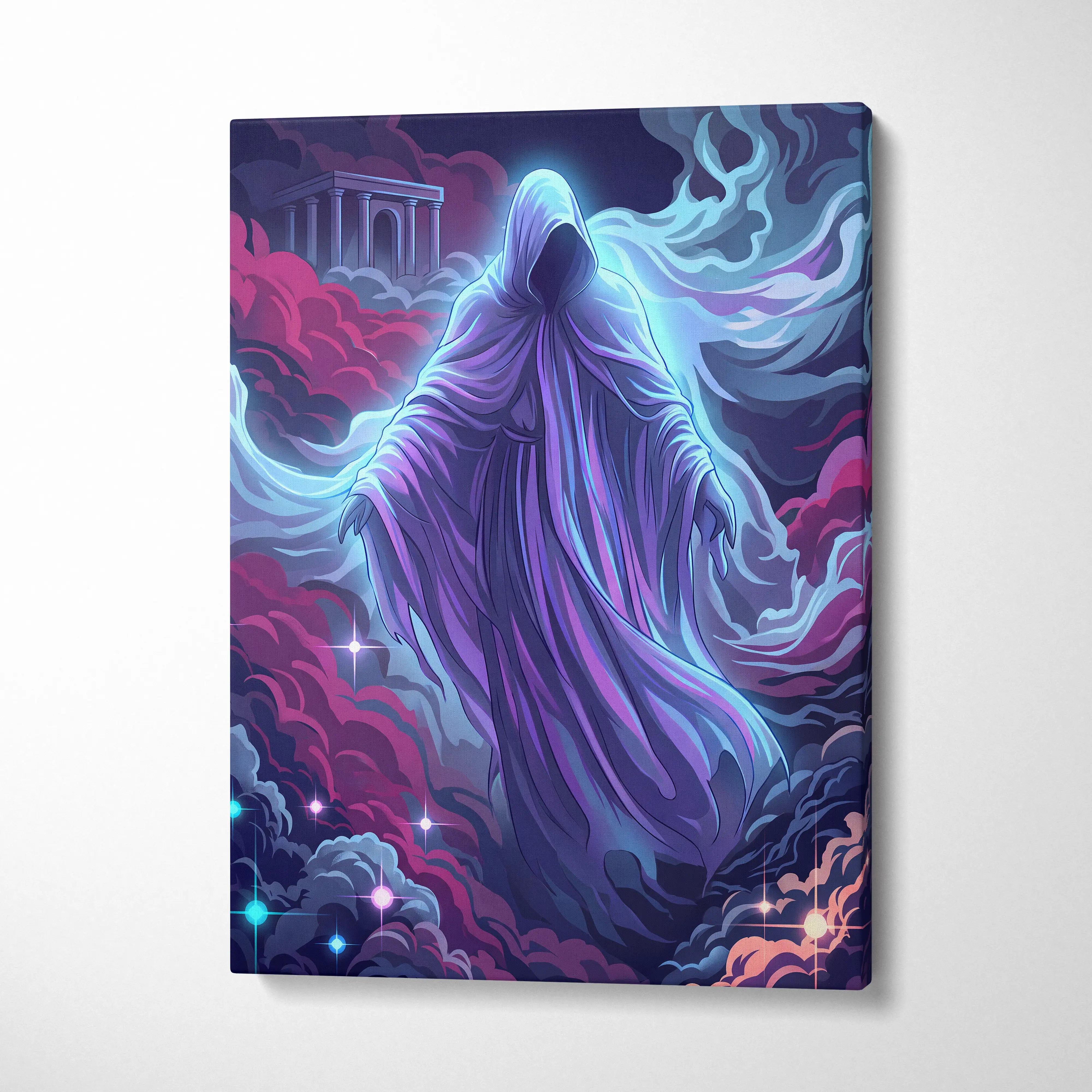 Vaporwave Neon Phantom Canvas - Hooded Figure Neon Blues Purples LivingRoom Vaporwave - Atmospheric Neon Wall Art Canvas
