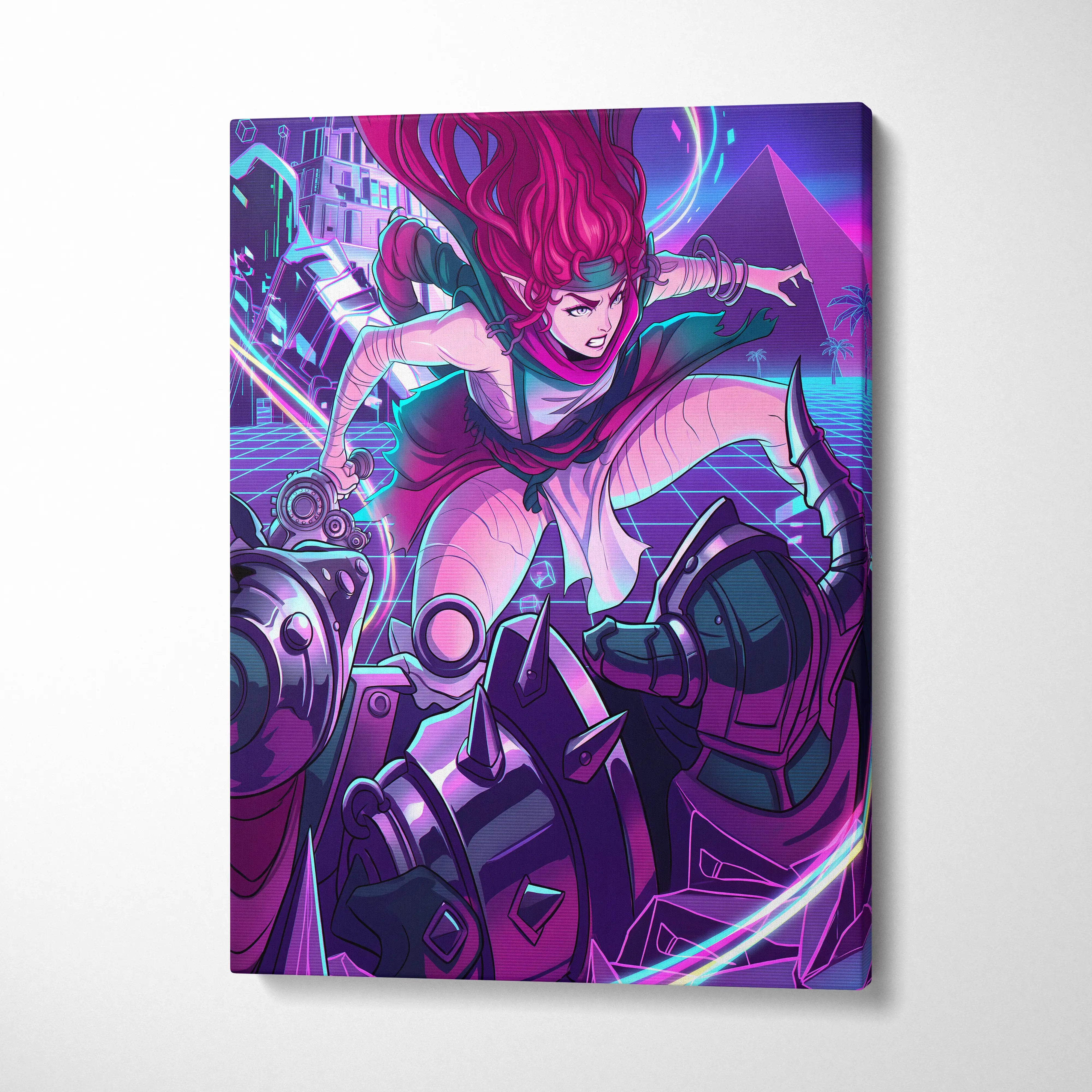 Vaporwave Neon Dreamscape Canvas - Neon Warrior Pink Purple Teal Room Vaporwave Moody Retro-Futurism Wall Art Canvas