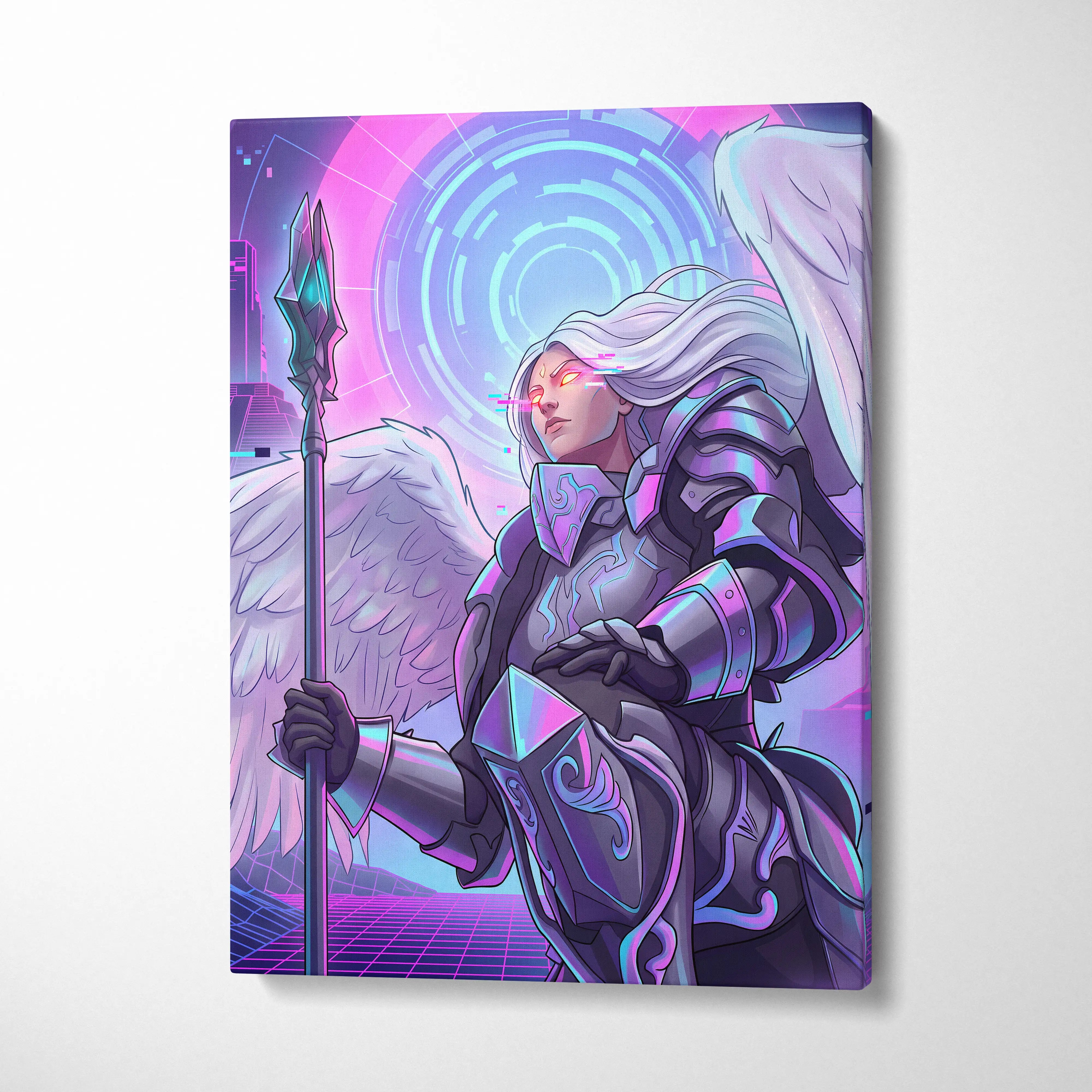 Vaporwave Neon Dream Canvas - Winged Valkyrie Neon Pink Blue Living Room Vaporwave Dreamy RetroFuturism Cyberpunk Canvas