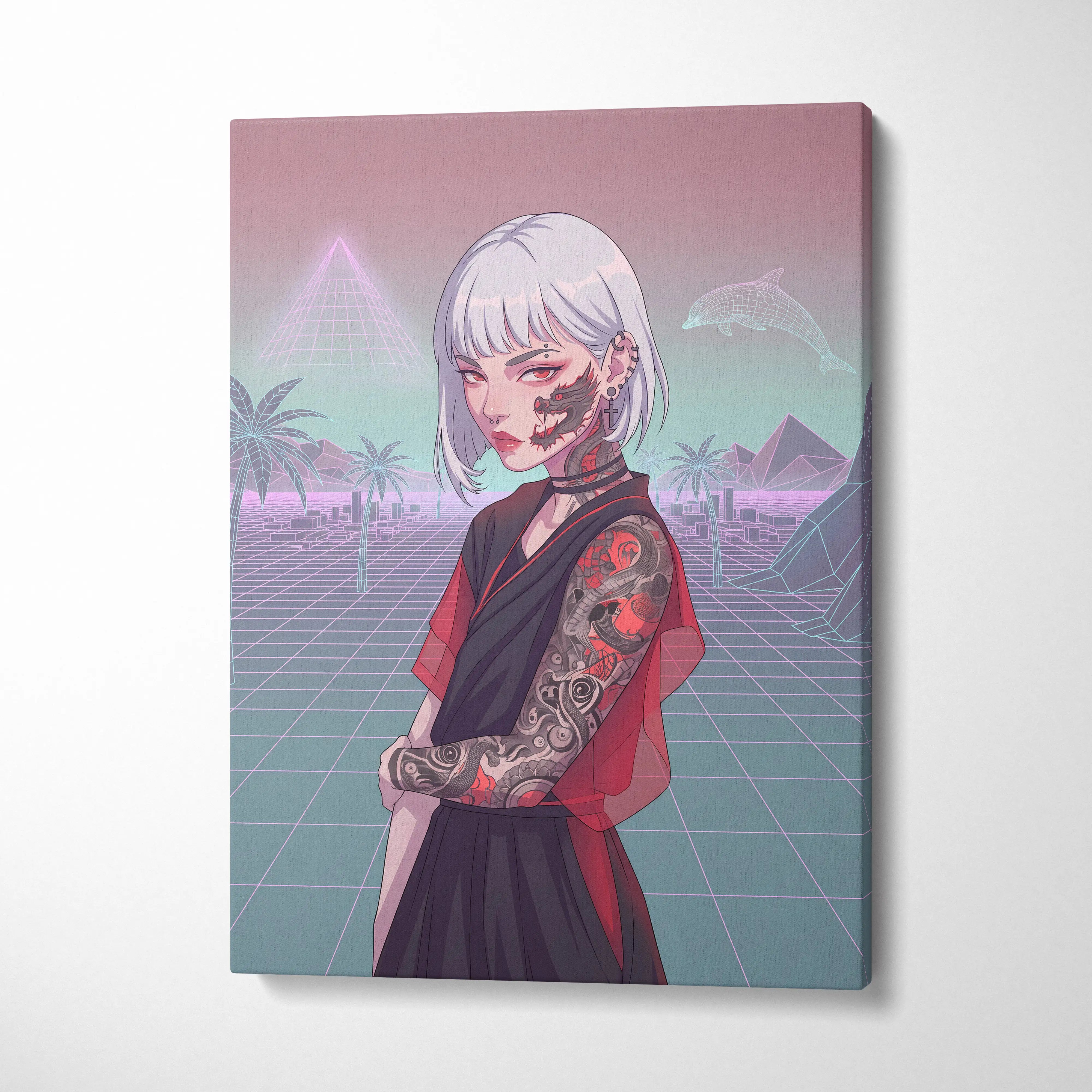 Vaporwave Neon Portrait Canvas - Female Vaporwave Character Neon Pink Teal Bedroom Decor Dreamy Retro Futurism Canvas