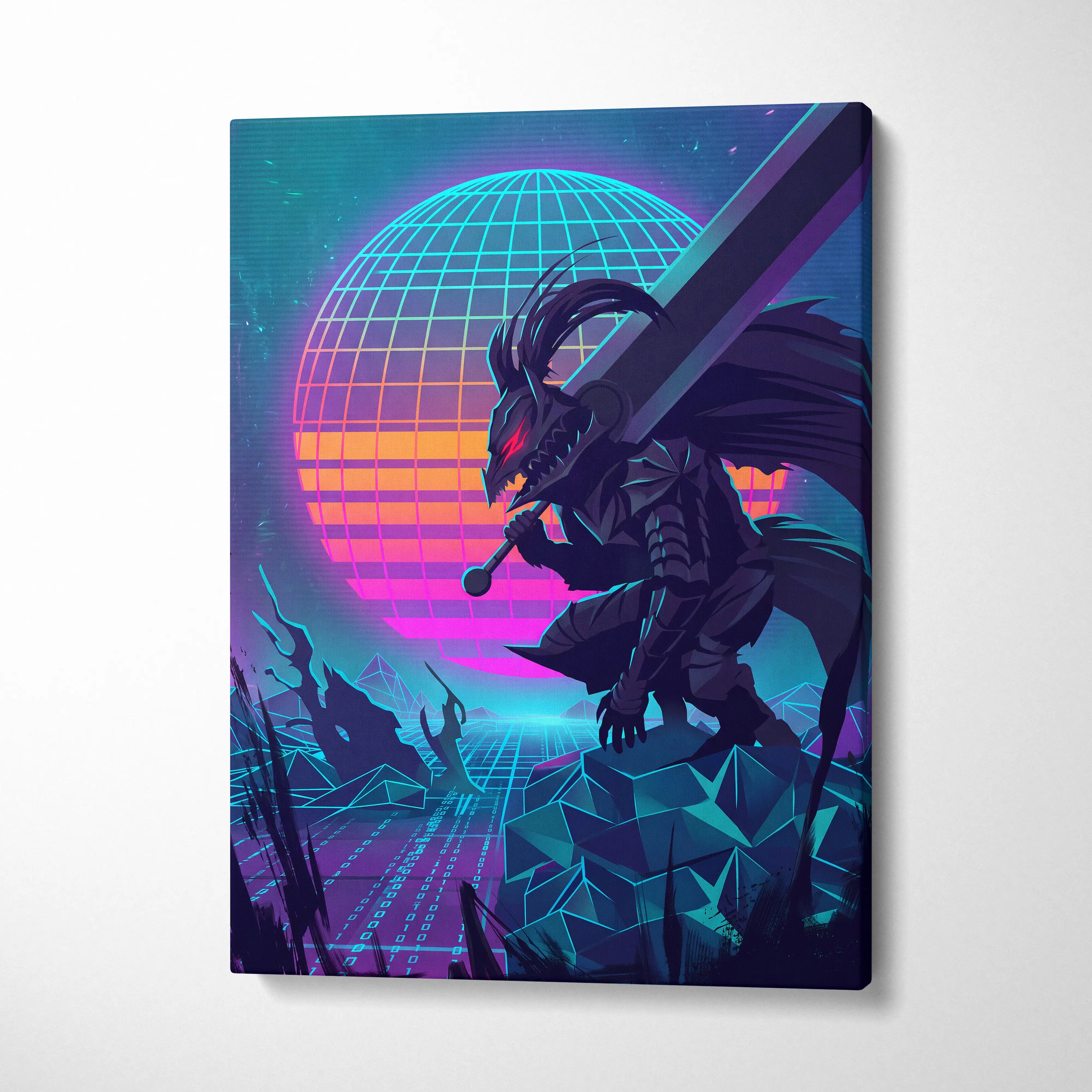 Neon Vaporwave Dragon Canvas - Dragon Neon Blues Pink Canvas Wall Art Vaporwave Mystical Neon Synthwave Canvas Print