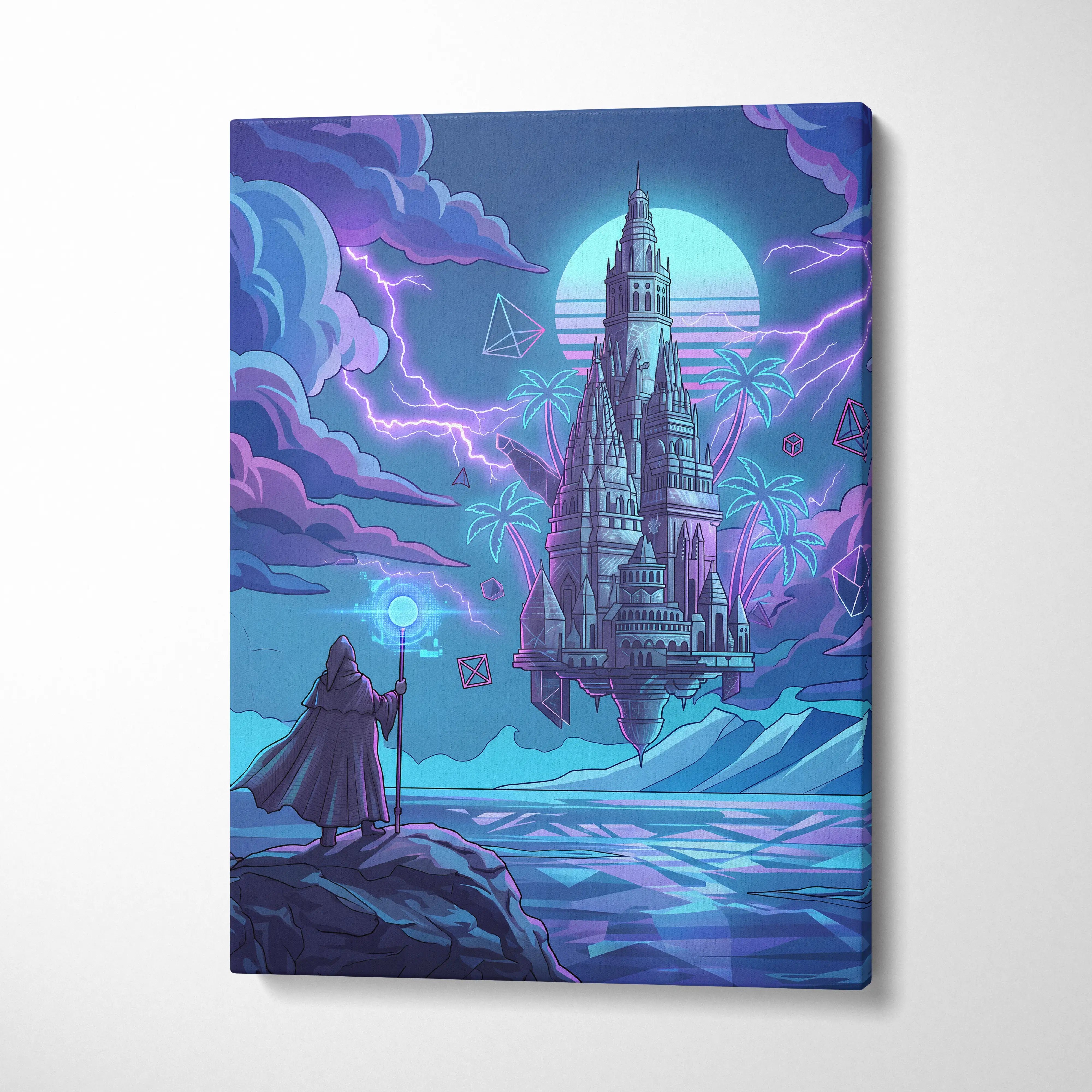 Vaporwave Neon Castle Canvas - Vaporwave Castle Neon Pink Purple Blue Living Room Modern Art Mystical Retro Canvas