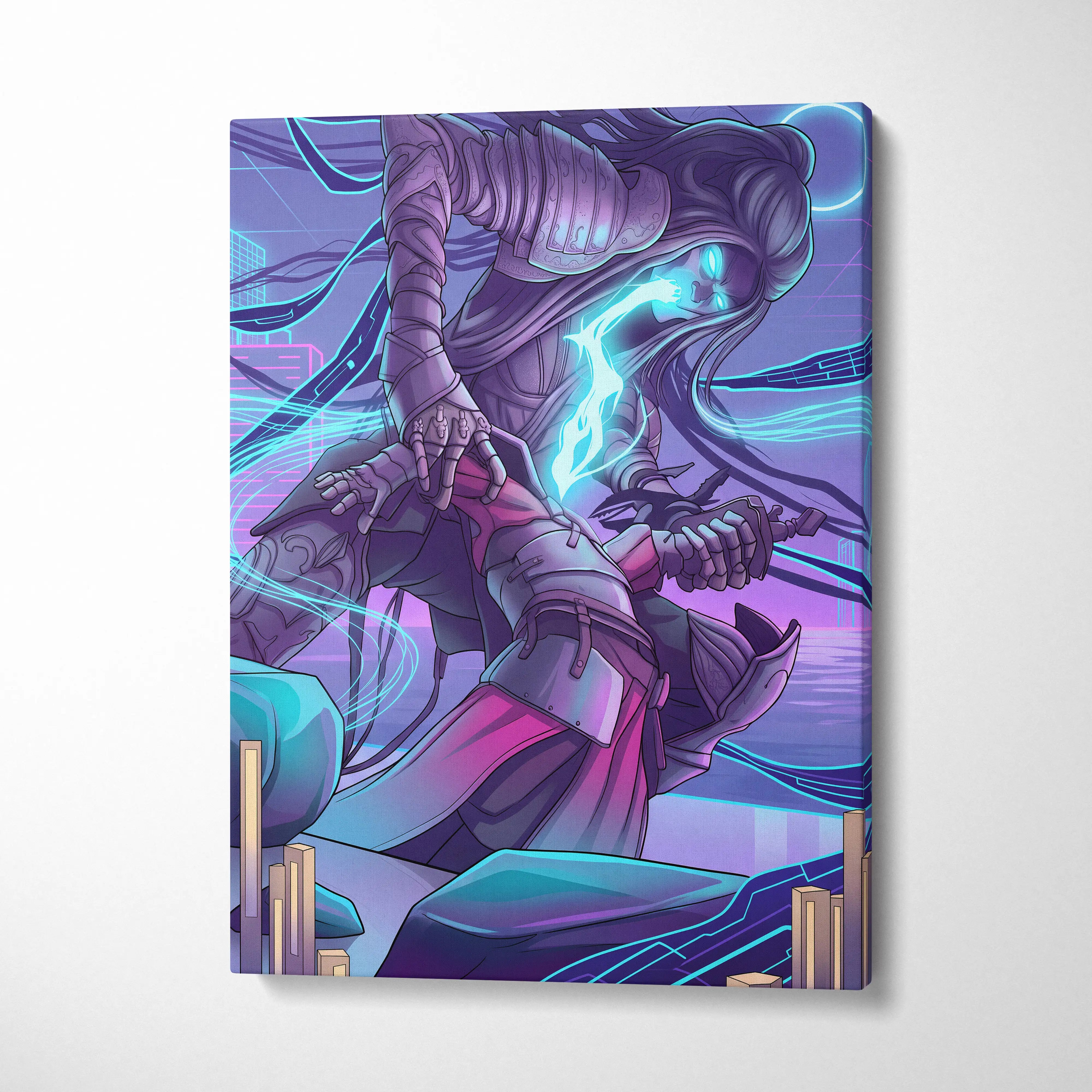 Vaporwave Neon Warrior Canvas - Vaporwave Neon Warrior Purple Cyan Living Room Decor Moody Neon Grid Canvas