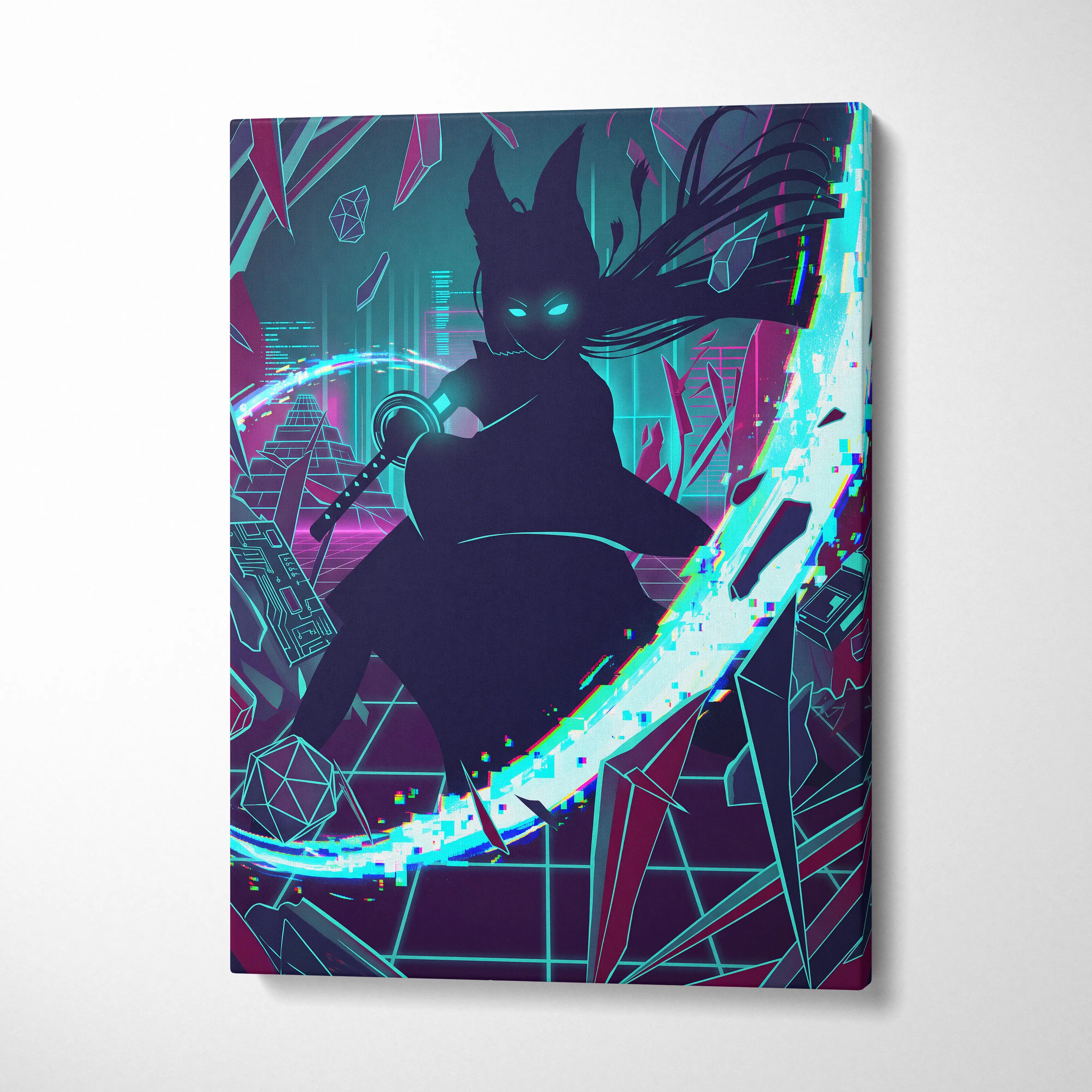 Vaporwave Neon Noir Canvas - Vaporwave Silhouette Neon Teal Magenta Living Room Retrofuture Neon Glitch Poster Canvas