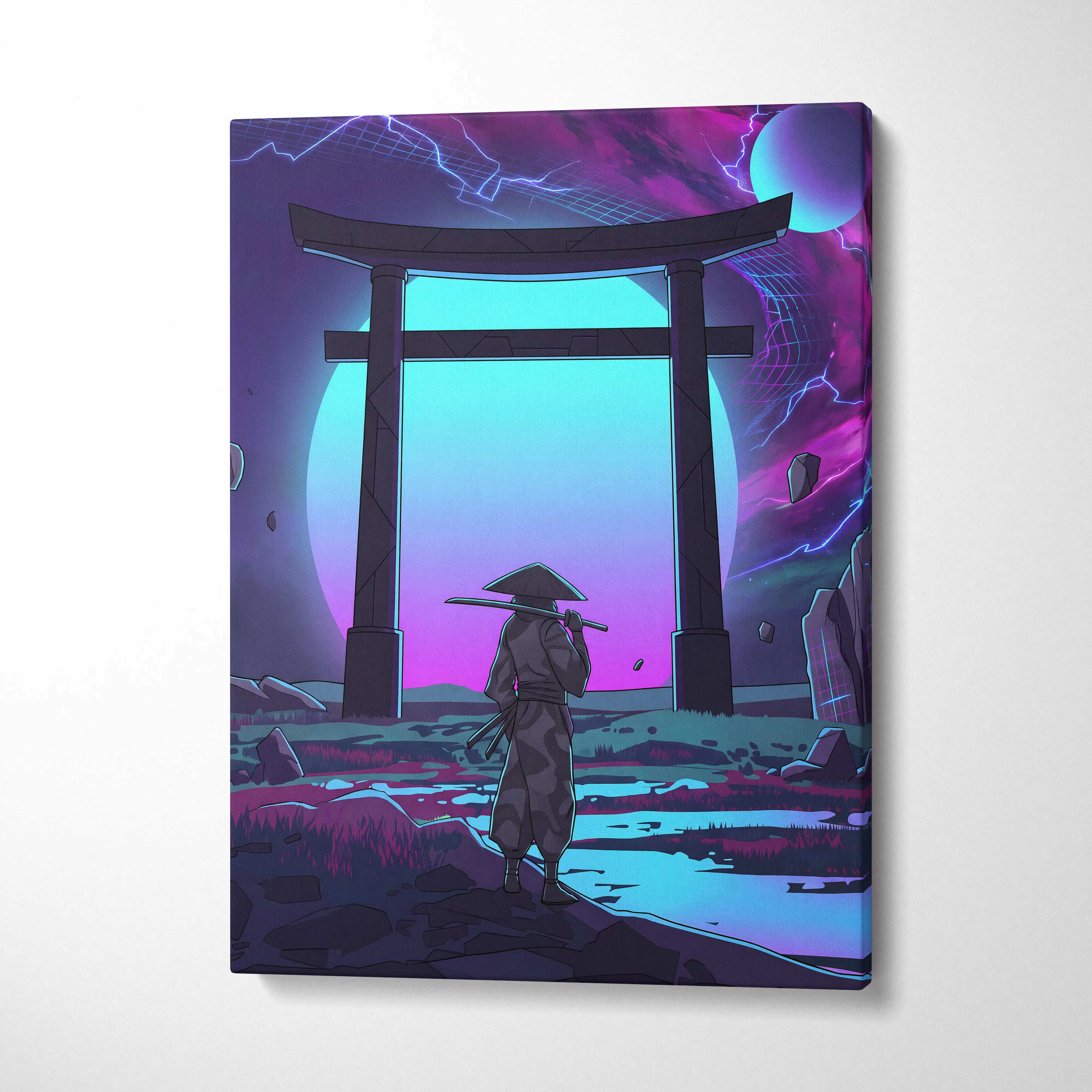 Vaporwave Torii Neon Dream - Torii Gate Neon Purple Blue Living Room Vaporwave Art Mood Dreamy Surreal Retro Futurism Wall Art Canvas Museum