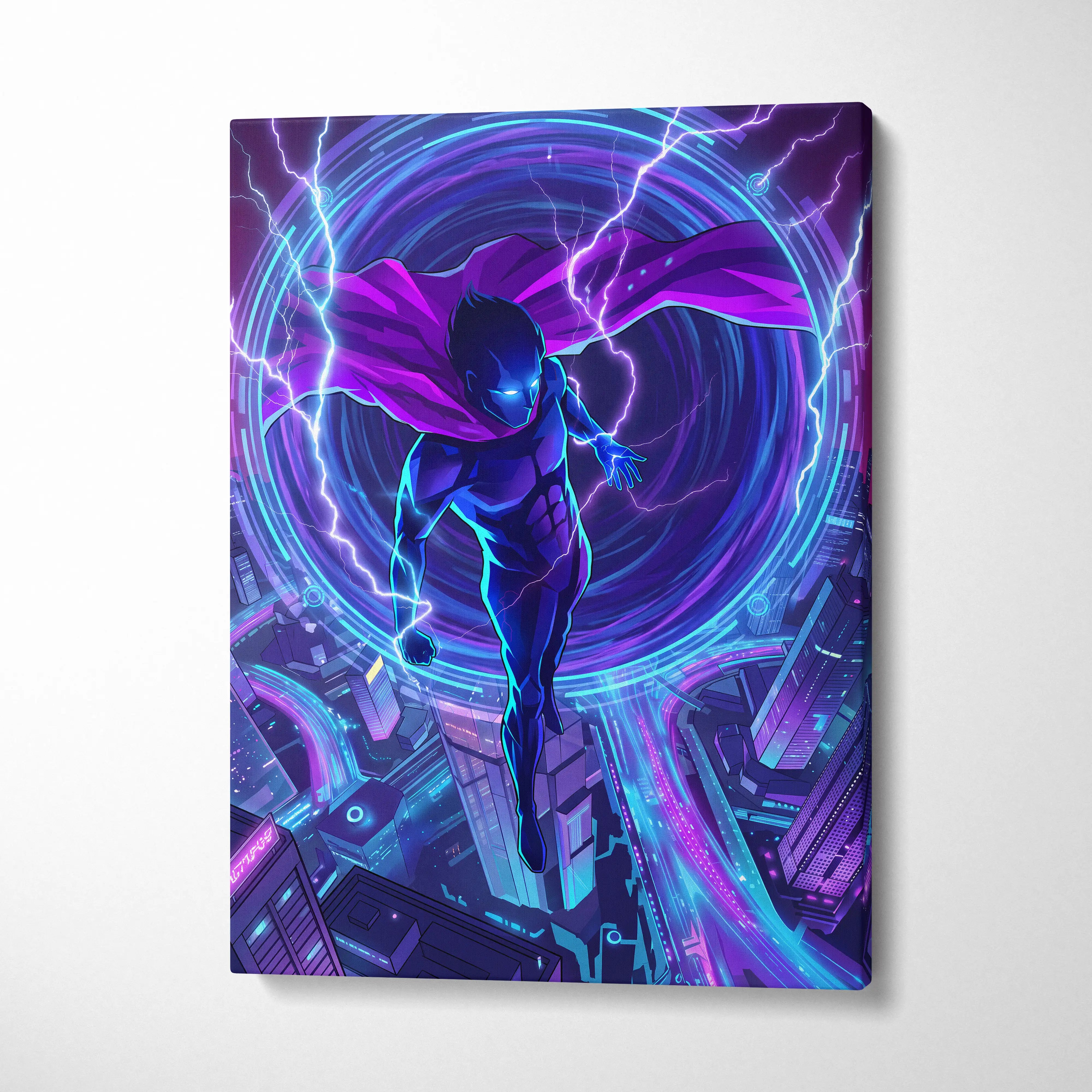 Vaporwave Neon Hero Canvas - Hero Purple Blue Vaporwave Living Room Retro Futurism Moody Neon Synthwave Decor Wall Art