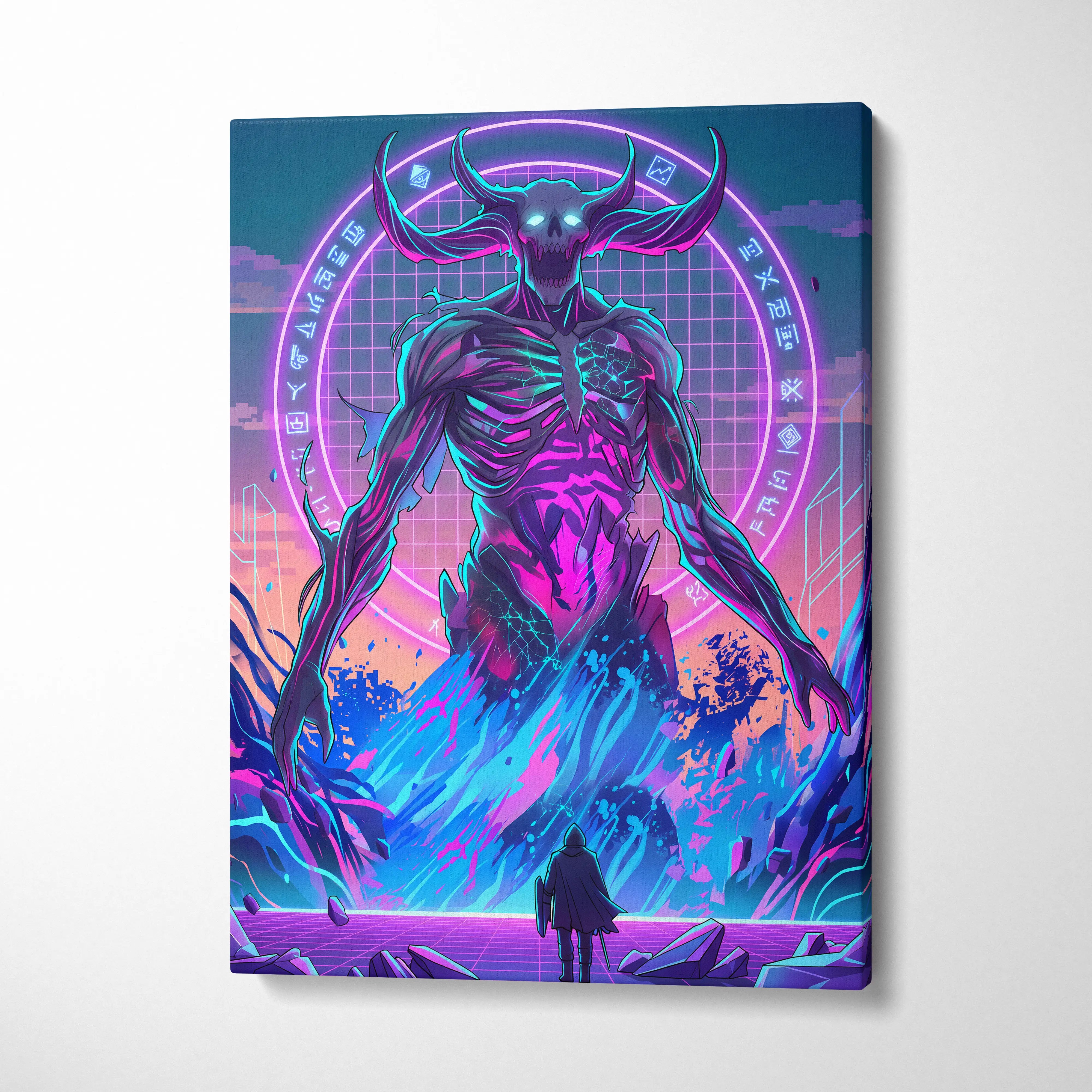 Vaporwave Neon Skull Canvas - Vaporwave Skull Neon Pink Living Room Futurism Mystical Cyberpunk Gallery Canvas