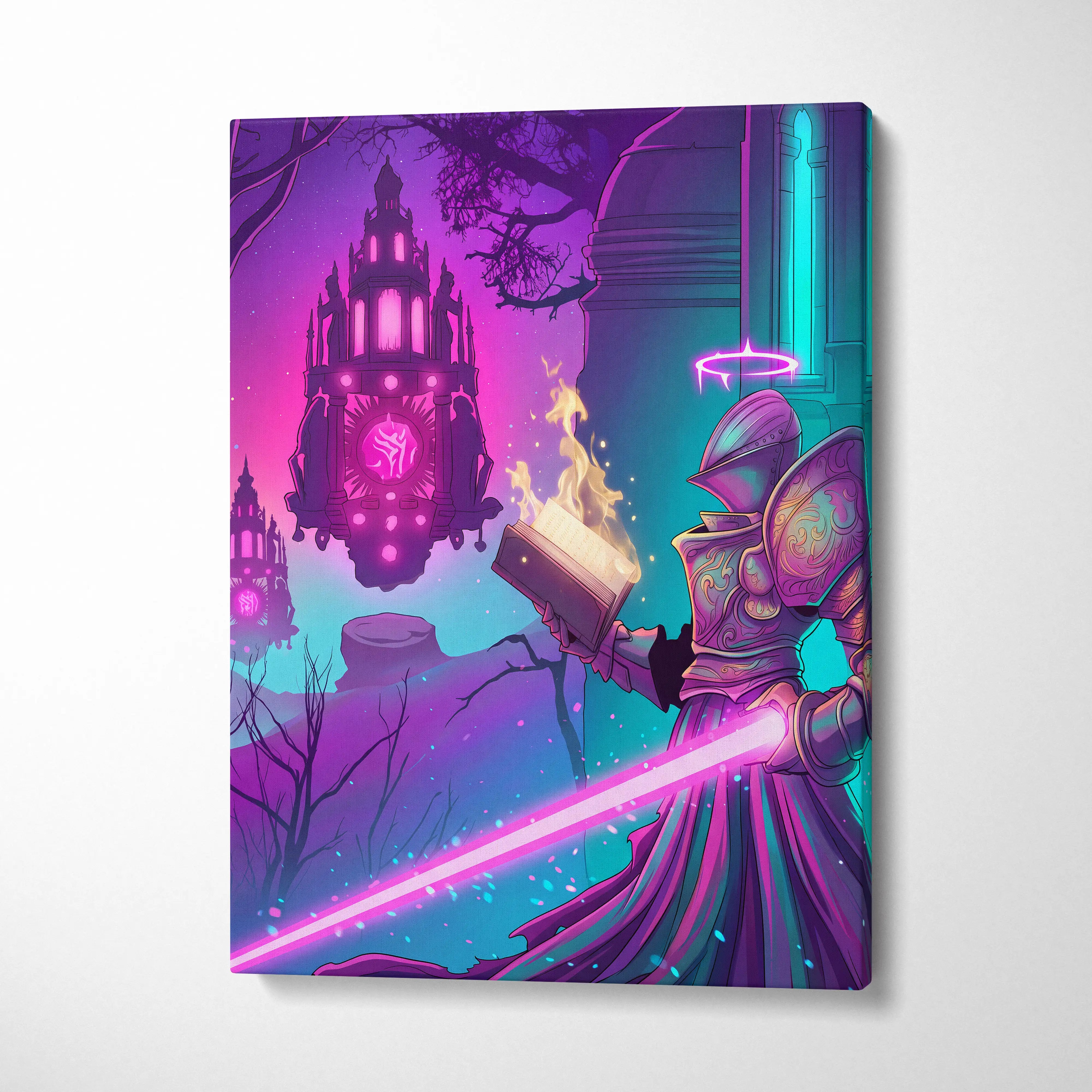 Vaporwave Fantasy Neon City Canvas - Vaporwave Fantasy Neon Pink Wall Art Living Room Dreamy Mood Retro Neon Canvas