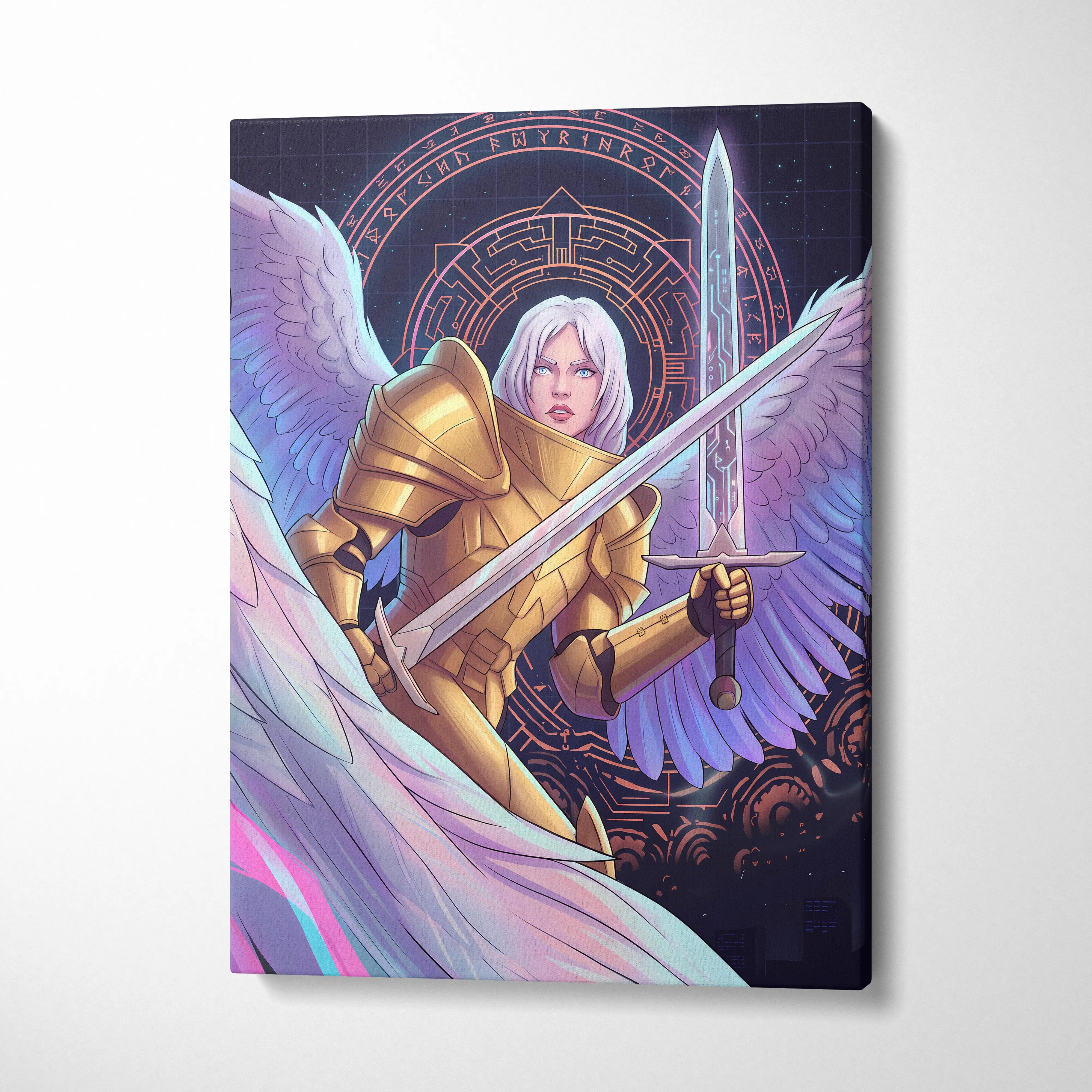 Angelic Warrior Neon Vaporwave - Angelic Warrior Neon Pink Living Room Vaporwave Mystical Ethereal Wall Art Canvas Print